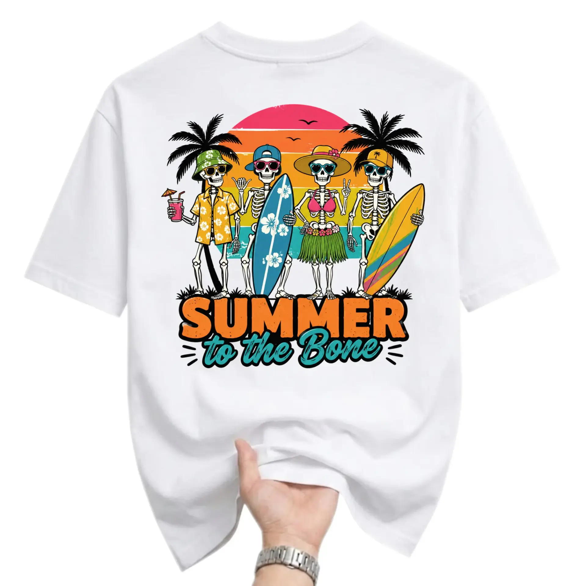 Funny Shirt Summer to the Bone Surfing Skeletons Graphic Tee Unisex Cotton Crew Neck Casual Summer Beach Clothing