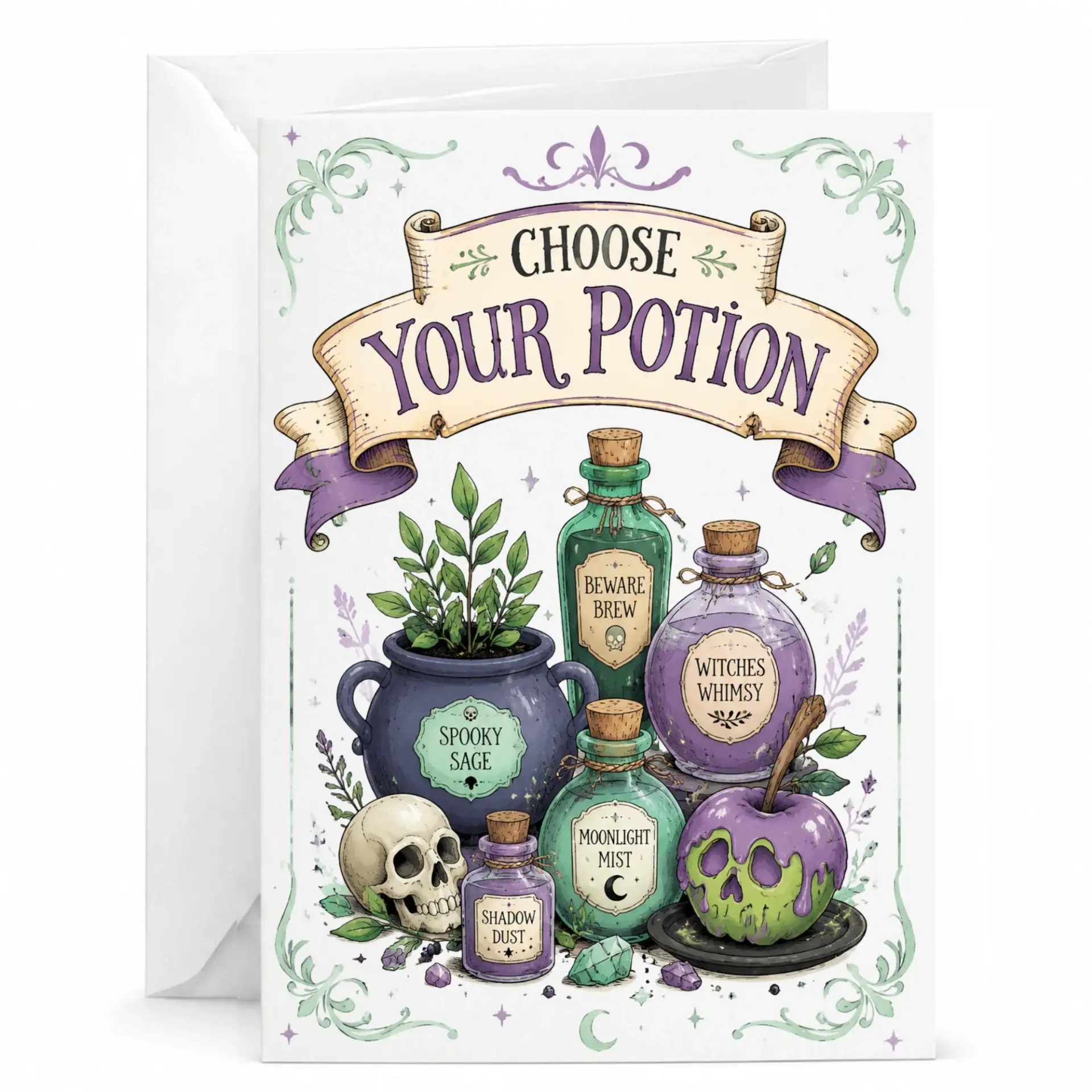 Personalized Choose Your Potion Greeting Card with Whimsical Witchy Art
