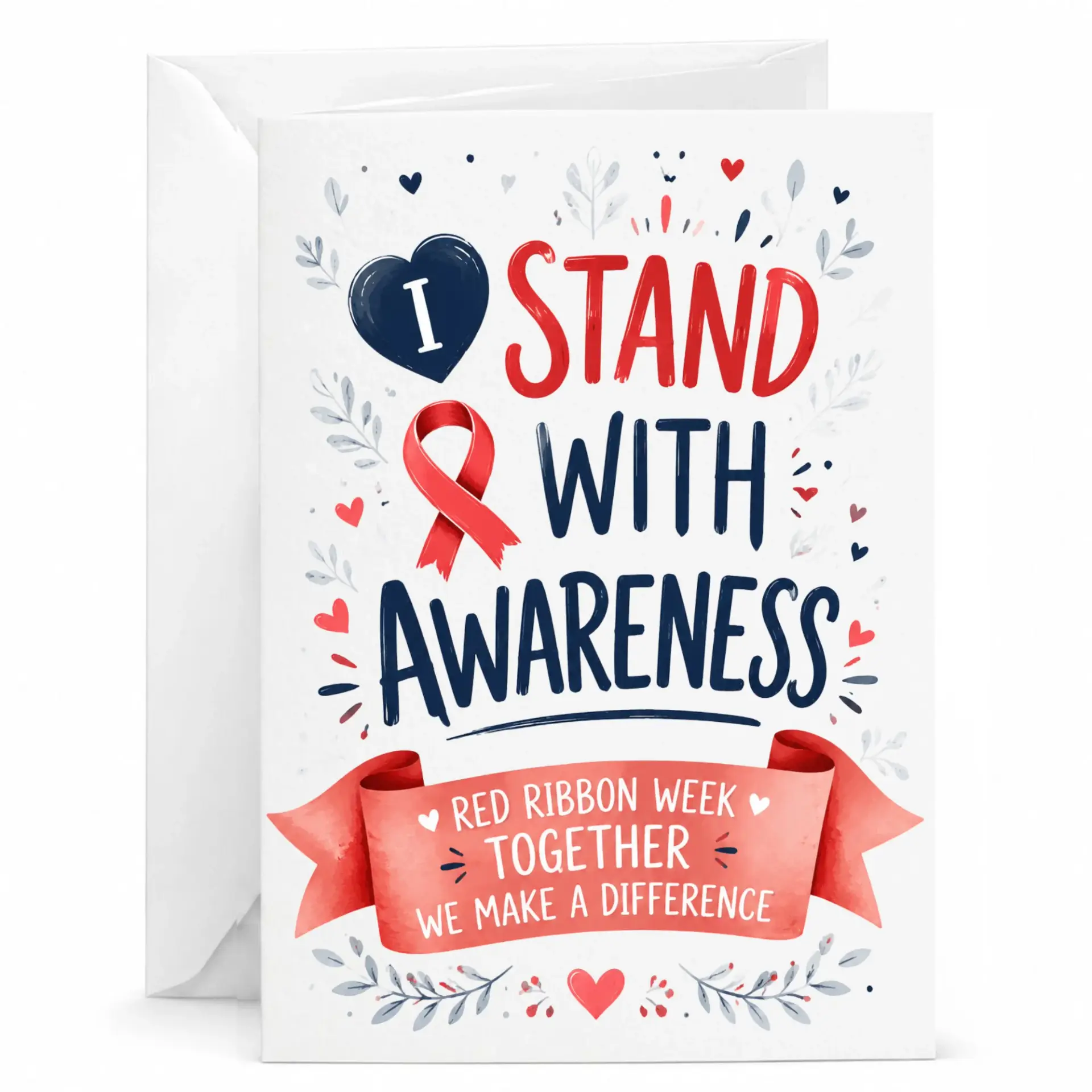 Greeting Card I Stand with Awareness Red Ribbon Design Printed Stationery for Encouragement and Support