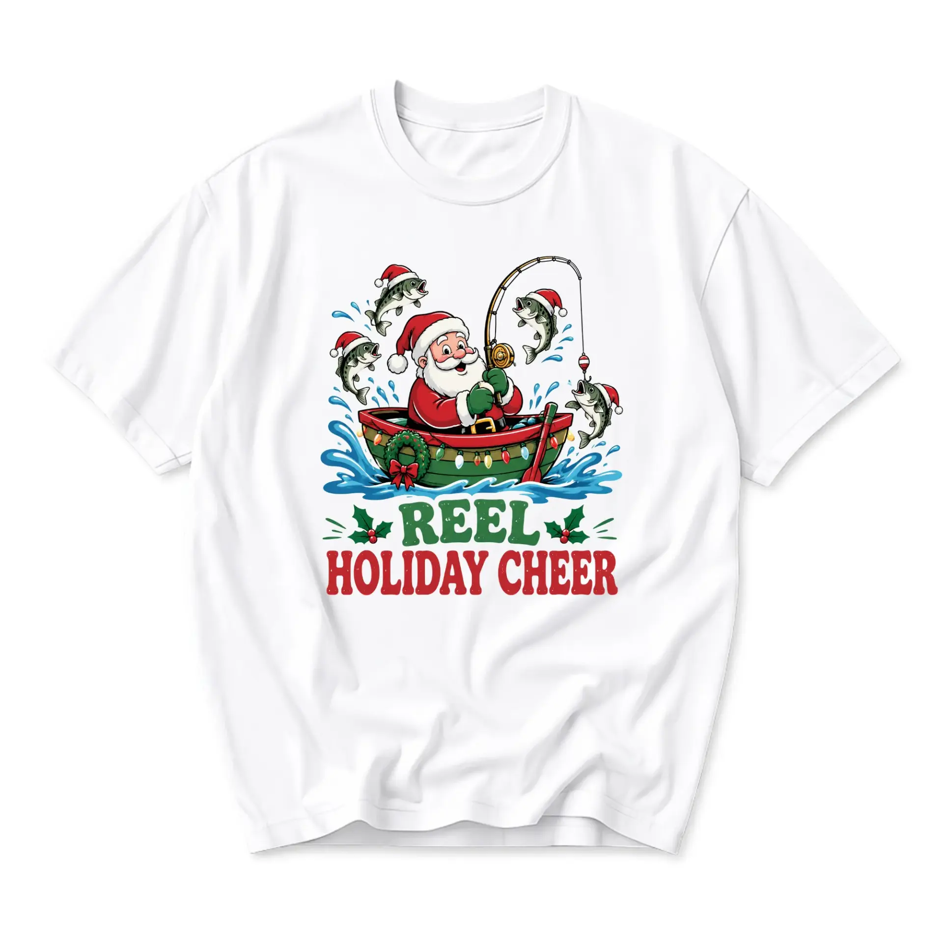Graphic Tee Reel Holiday Cheer Santa Fishing Unisex Crew Neck T-Shirt Short Sleeve Casual Seasonal Apparel