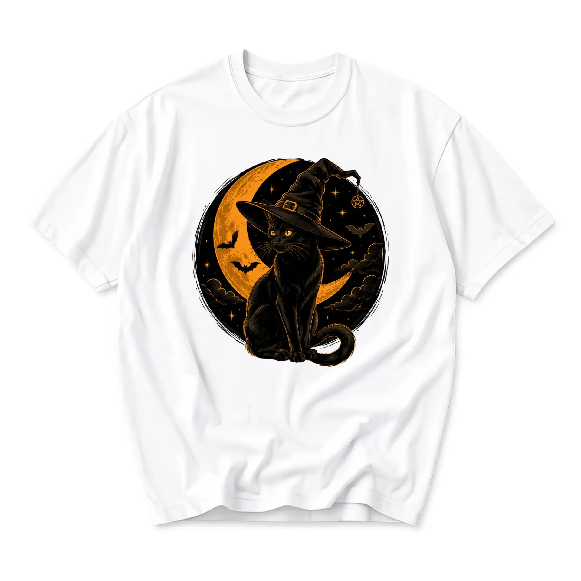 Graphic Tee Black Cat Wearing Witch Hat Moon Design Unisex Crew Neck Short Sleeve Casual Cotton Blend Apparel