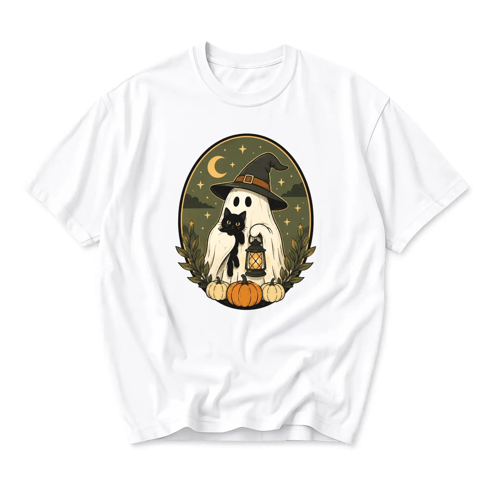 Graphic Tee Featuring a Cute Ghost Wearing a Witch Hat with a Black Cat and Pumpkins in a Seasonal Artistic Style