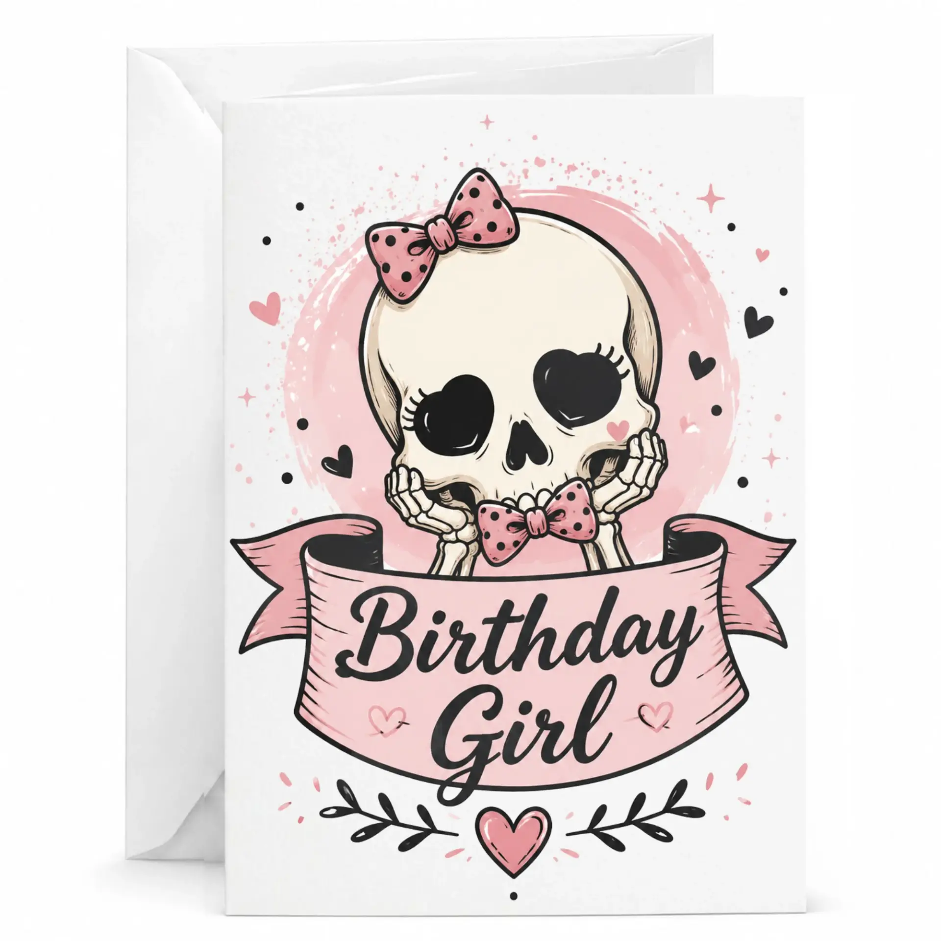 Birthday Card Girl Skull Illustration with Pink Bows and Hearts 5x7 Inches Folded Greeting