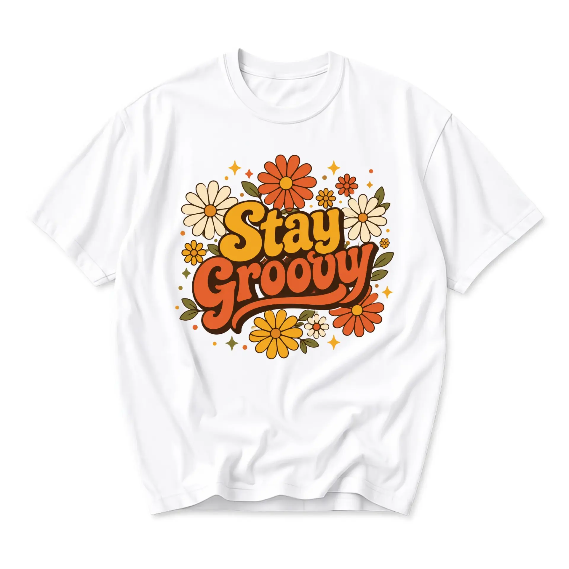 Graphic Tee Stay Groovy Retro Floral Shirt Unisex Casual Crew Neck Comfortable Cotton Blend Top for Everyday Wear