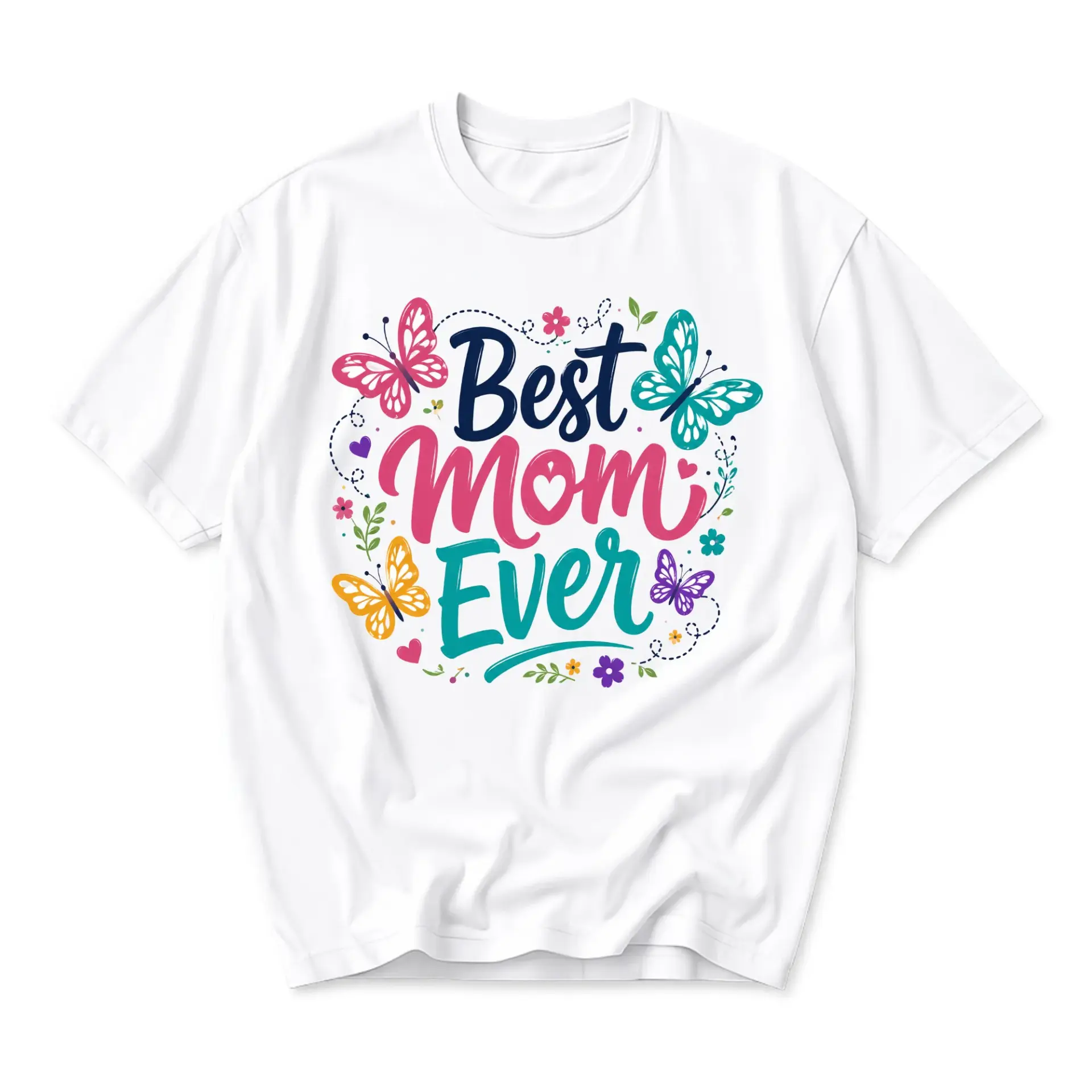 T-shirt Best Mom Ever Graphic Tee Floral Butterfly Design Casual Unisex Crew Neck Top for Everyday Comfortable Wear