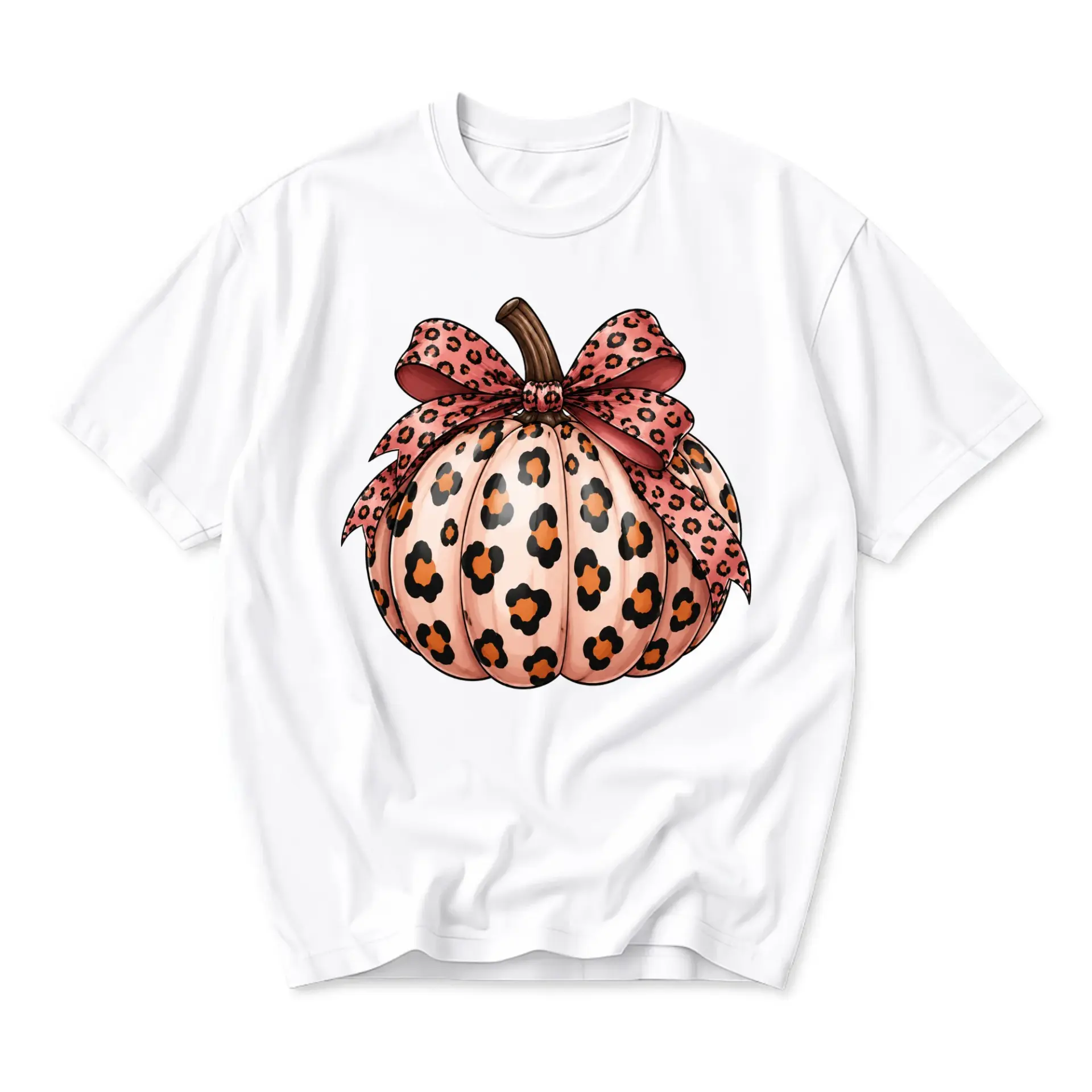 Graphic Tee Unisex Crew Neck T-Shirt Featuring a Pumpkin with Animal Print Bow Design for Seasonal Casual Everyday Wear