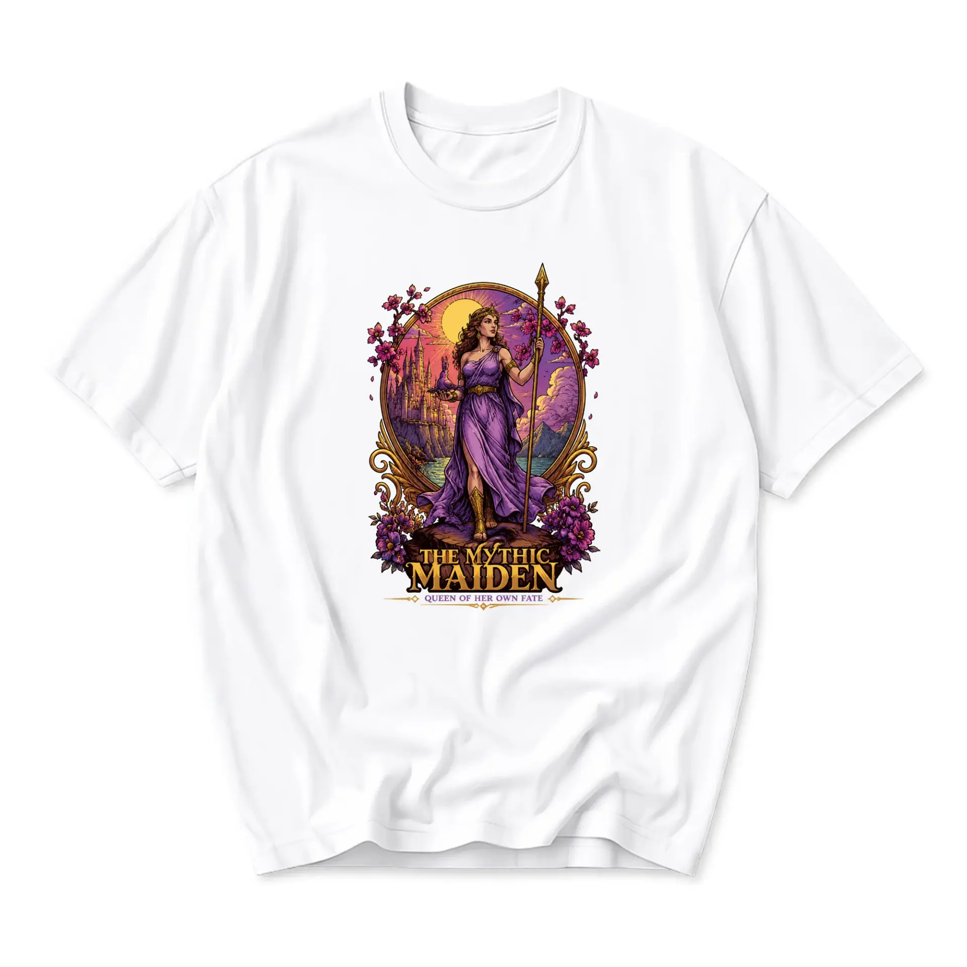 Graphic Tee the Mythic Maiden Unisex T-Shirt Fantasy Warrior Illustration Casual Cotton Crew Neck Short Sleeve Top