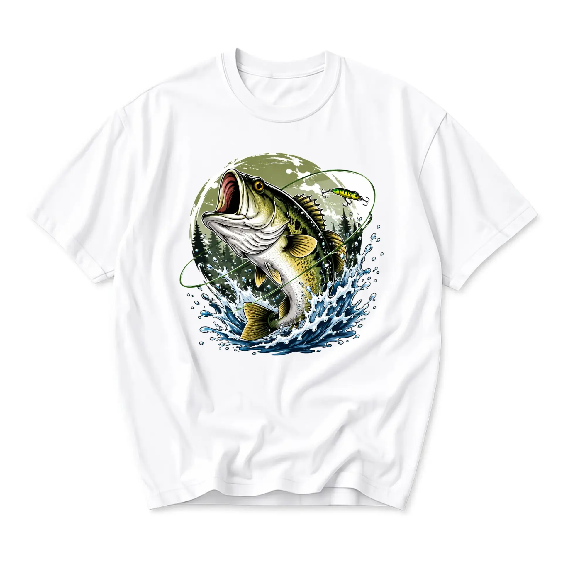 Graphic Tee Fishing T-Shirt Featuring a Large Jumping Fish Illustration for Outdoor Enthusiasts and Anglers