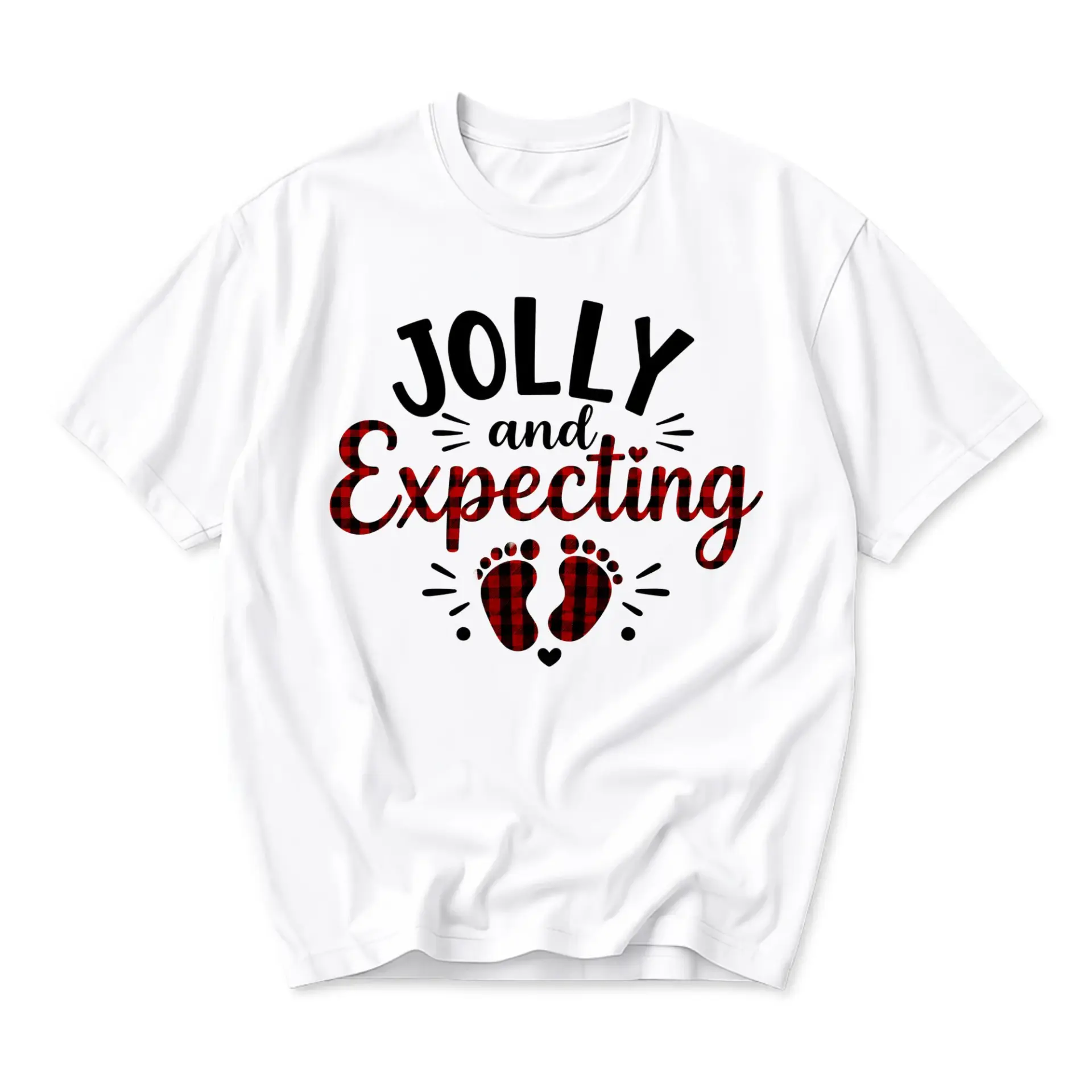 Funny Shirt Jolly and Expecting Graphic Tee Holiday Season Pregnancy Announcement Unisex Casual Crew Neck T-Shirt