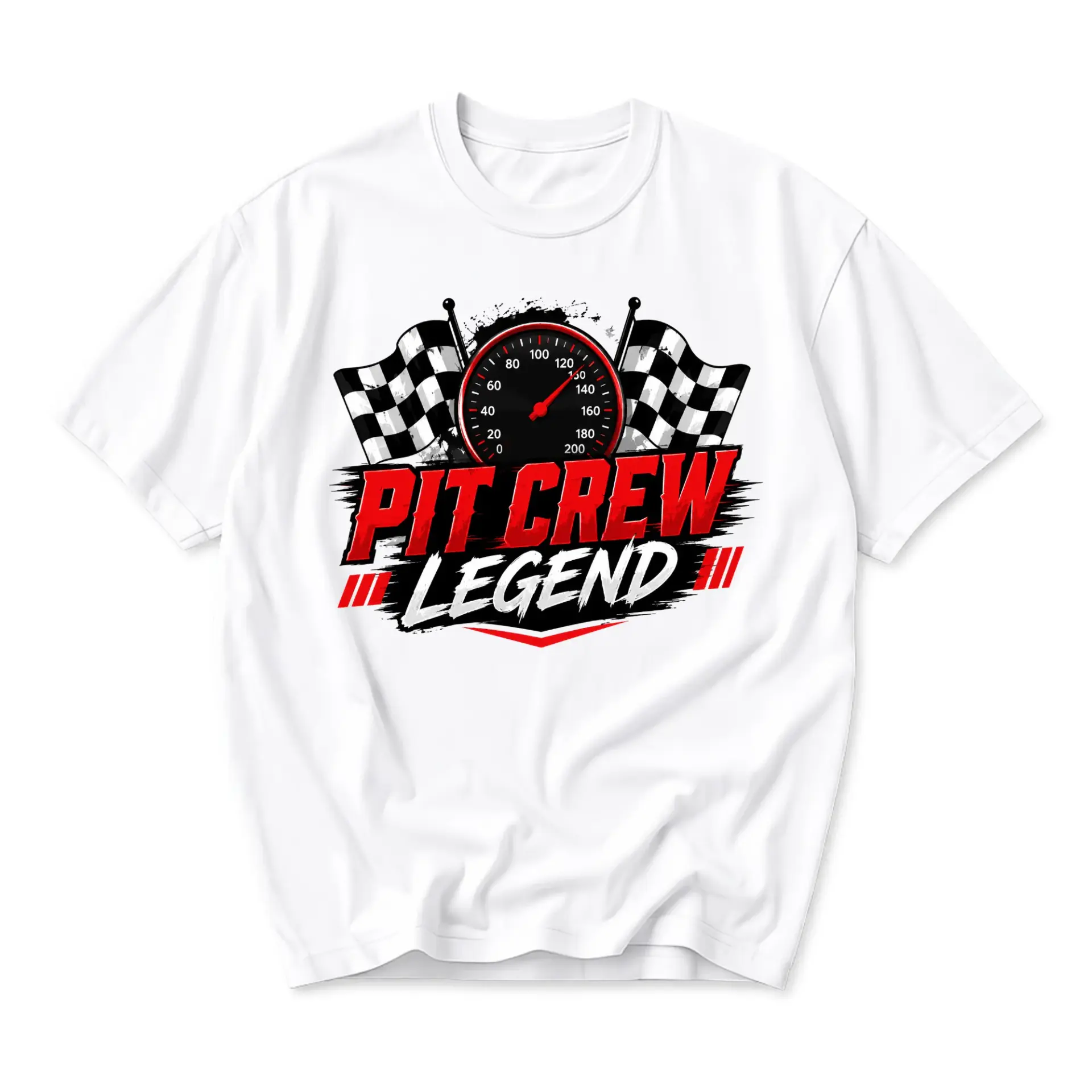 Graphic Tee Pit Crew Legend Racing Shirt Unisex Casual Apparel Featuring Checkered Flags and Speedometer Design