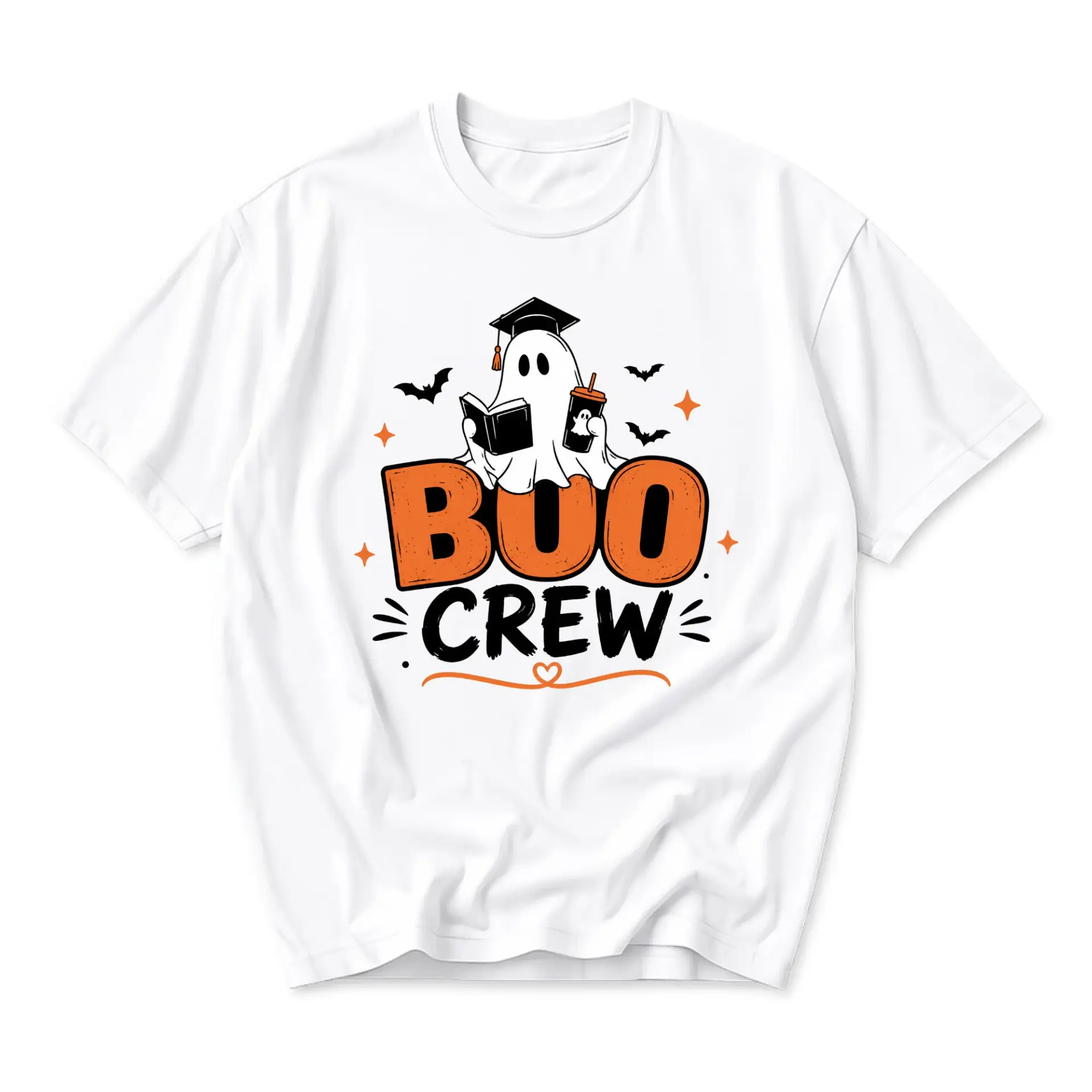 Graphic Tee Boo Crew Ghost with Graduation Cap and Coffee Mug Funny Seasonal Casual Unisex Short Sleeve Crew Neck Top