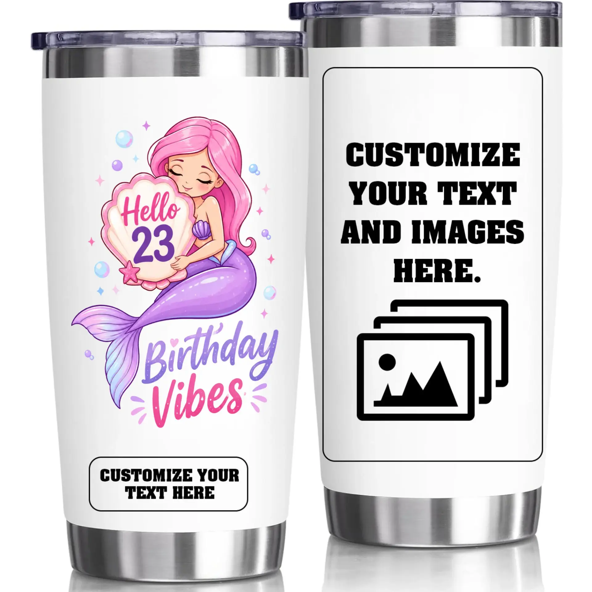 Stainless Steel Tumbler 20oz Birthday Mermaid Theme Insulated Cup Custom Personalized Gift for Women and Friends