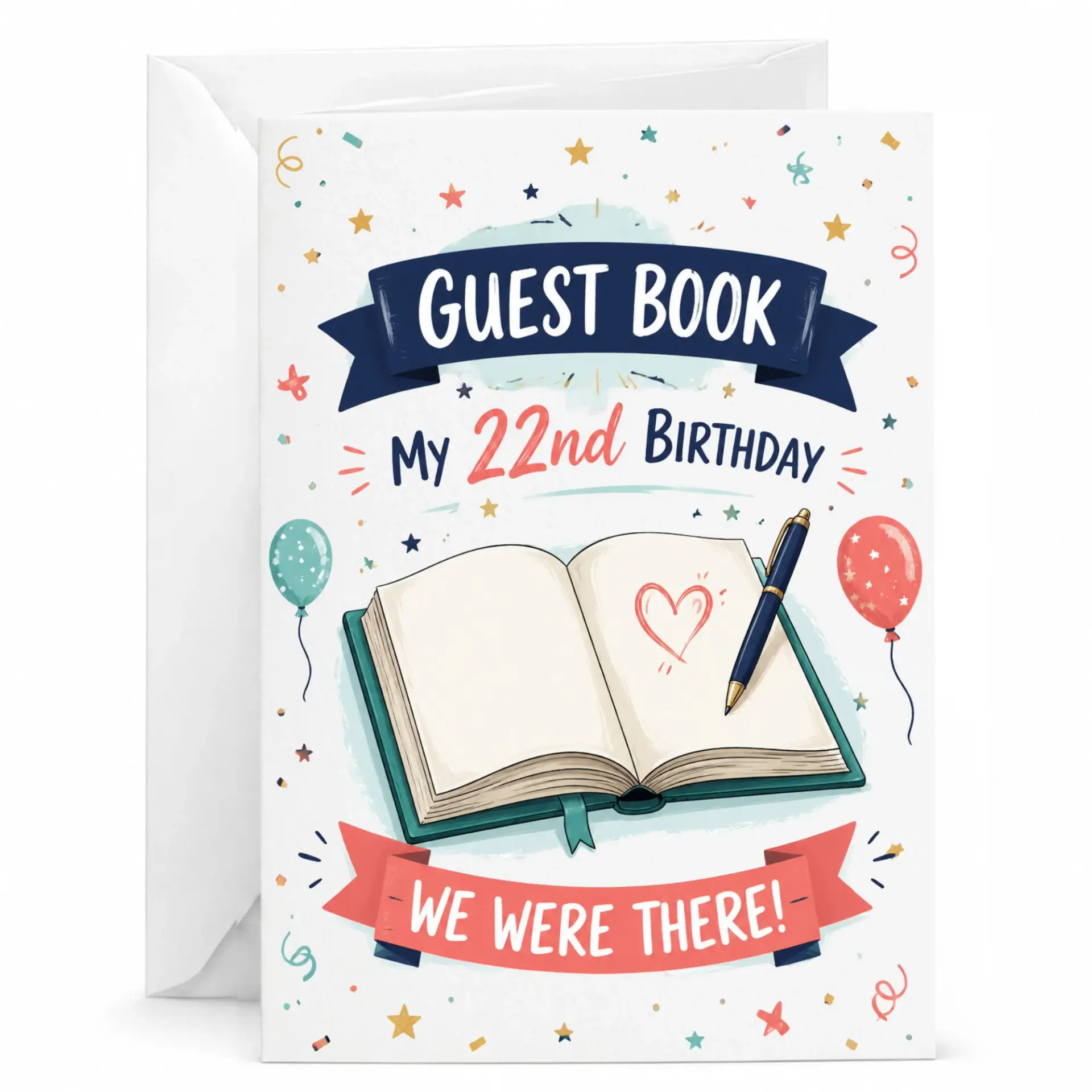 Birthday Card Guest Book Theme for 22nd Birthday Celebration Fun 5x7 Folded Greeting Card with Matching White Envelope