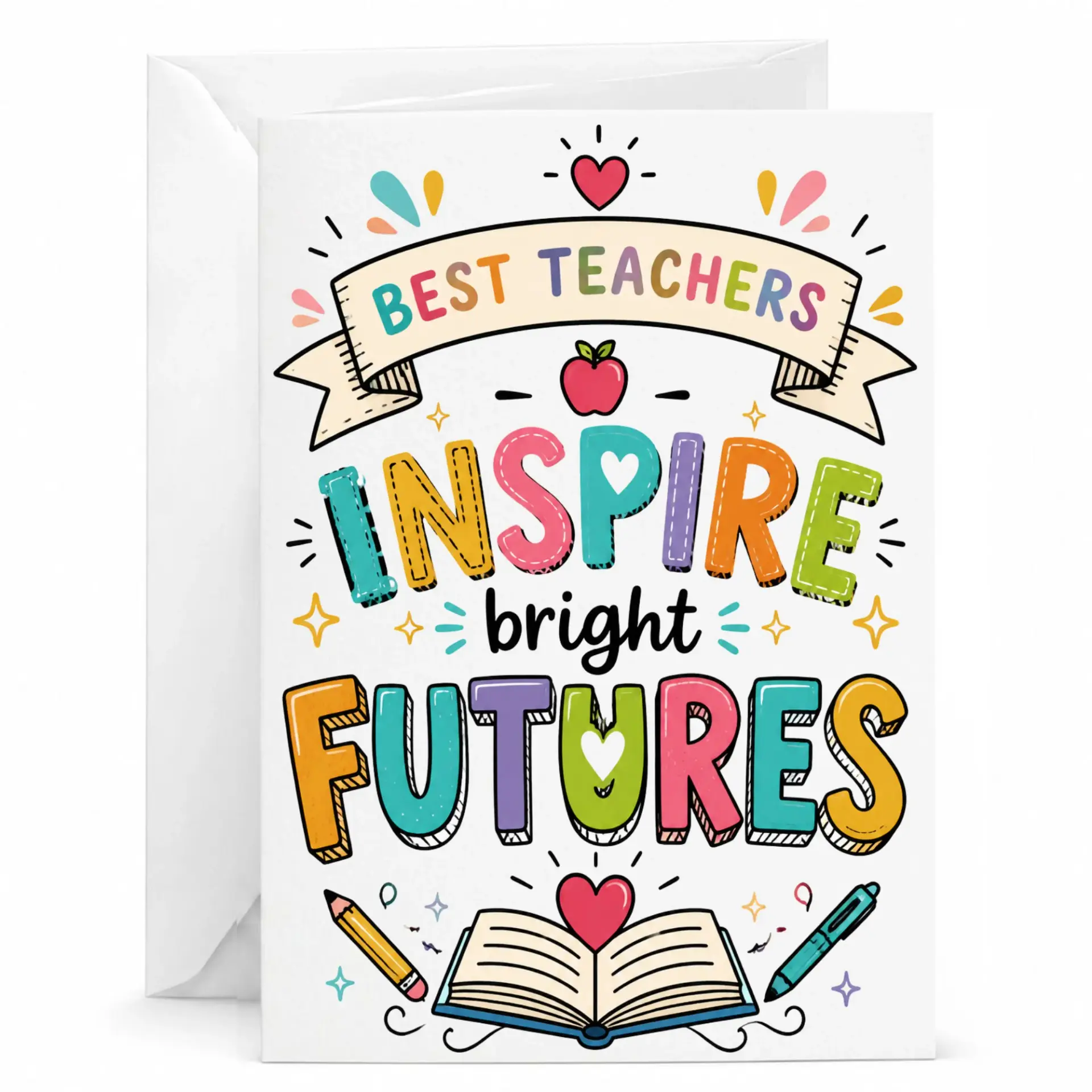 Greeting Card Best Teachers Bright Design Colorful Education Themed Stationery for Appreciation Gifts