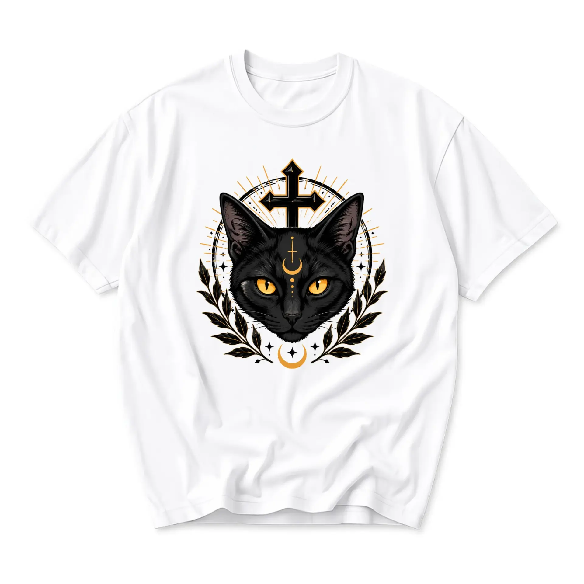 Graphic Tee Black Cat Mystical Symbols Print Unisex Cotton Blend Crew Neck Casual Everyday Short Sleeve Shirt