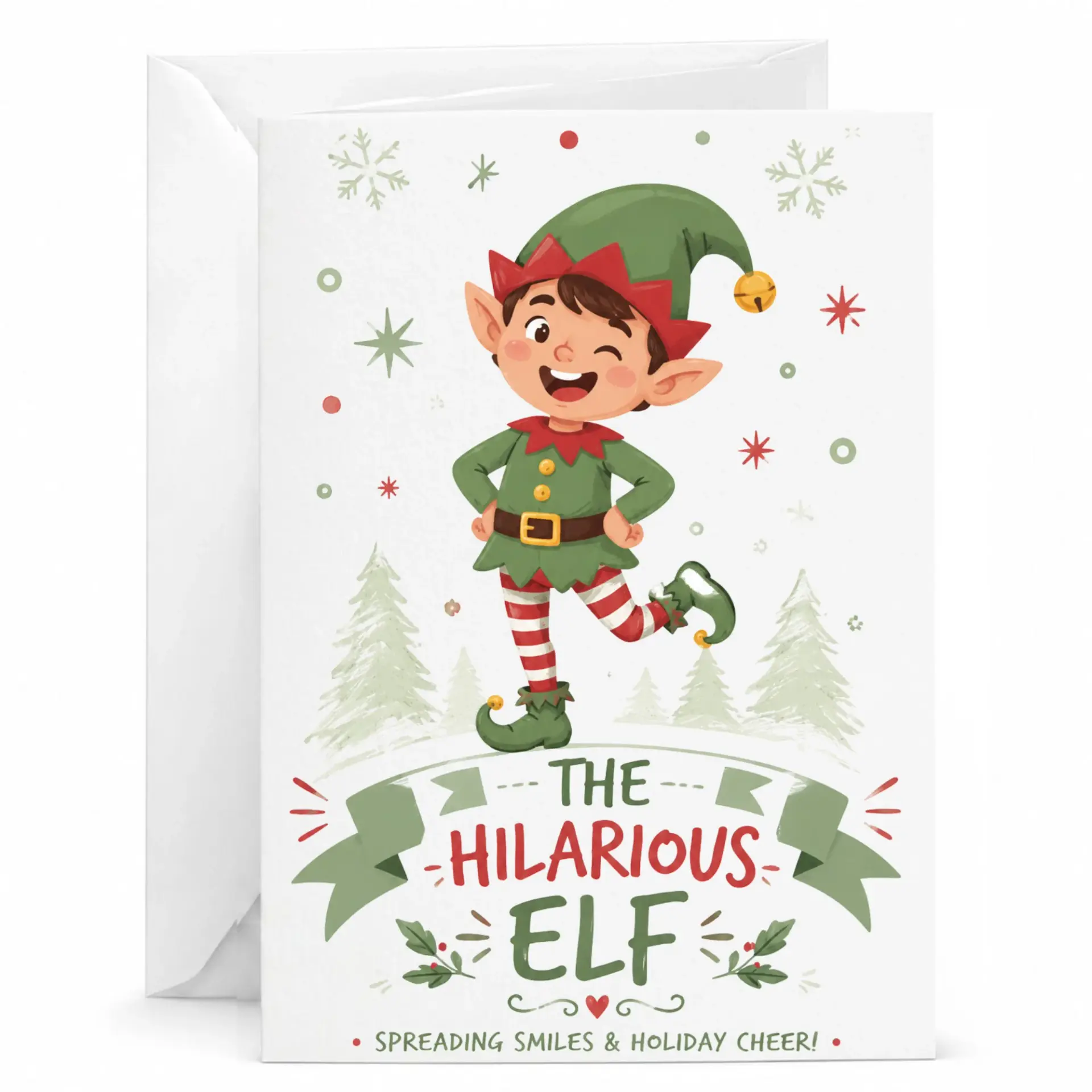 Funny Holiday Greeting Card Featuring Cheerful Elf Character for Seasonal Greetings and Festive Joy with Envelope