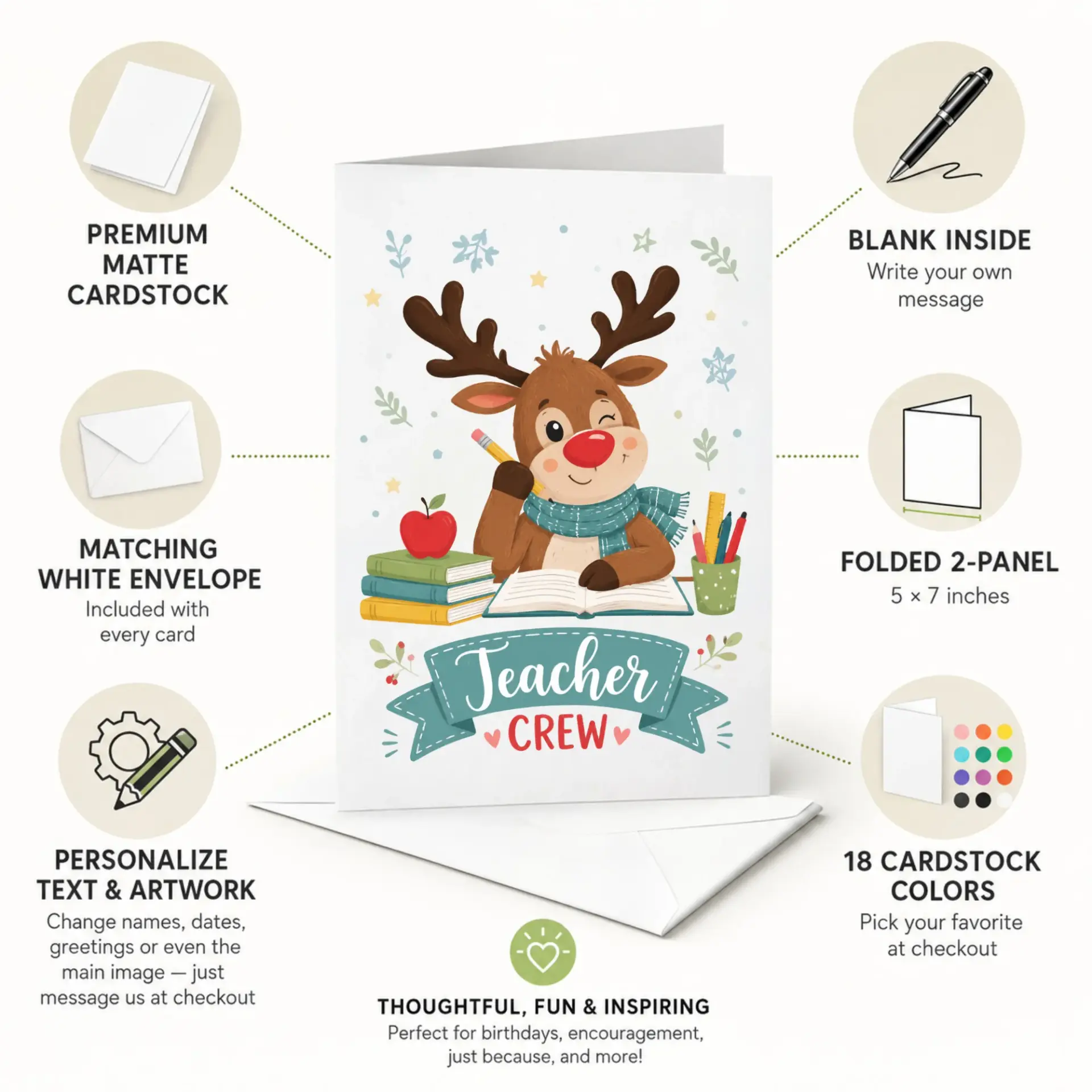 Thank You Greeting Card for Educators Featuring Cute Reindeer Design with Books and School Supplies Illustration