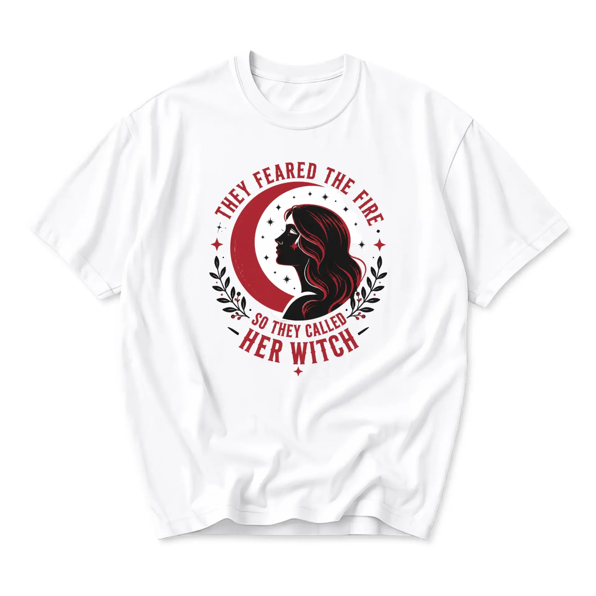 Graphic Tee They Feared the Fire so They Called Her Witch Celestial Moon Floral Silhouette Unisex Crew Neck Shirt