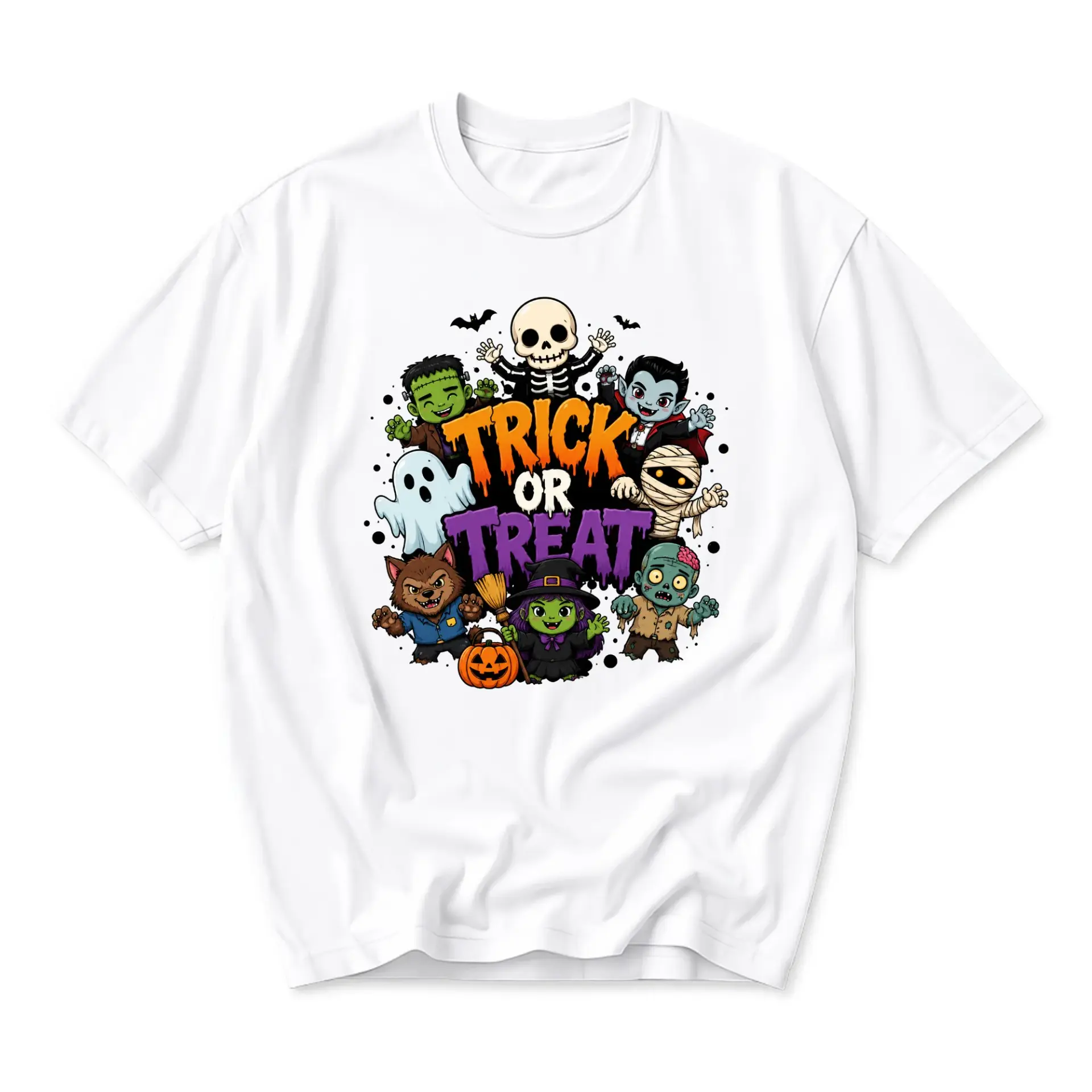 Graphic Tee Trick or Treat Halloween Monsters Unisex Crew Neck Short Sleeve Shirt Soft Cotton Blend Casual Apparel