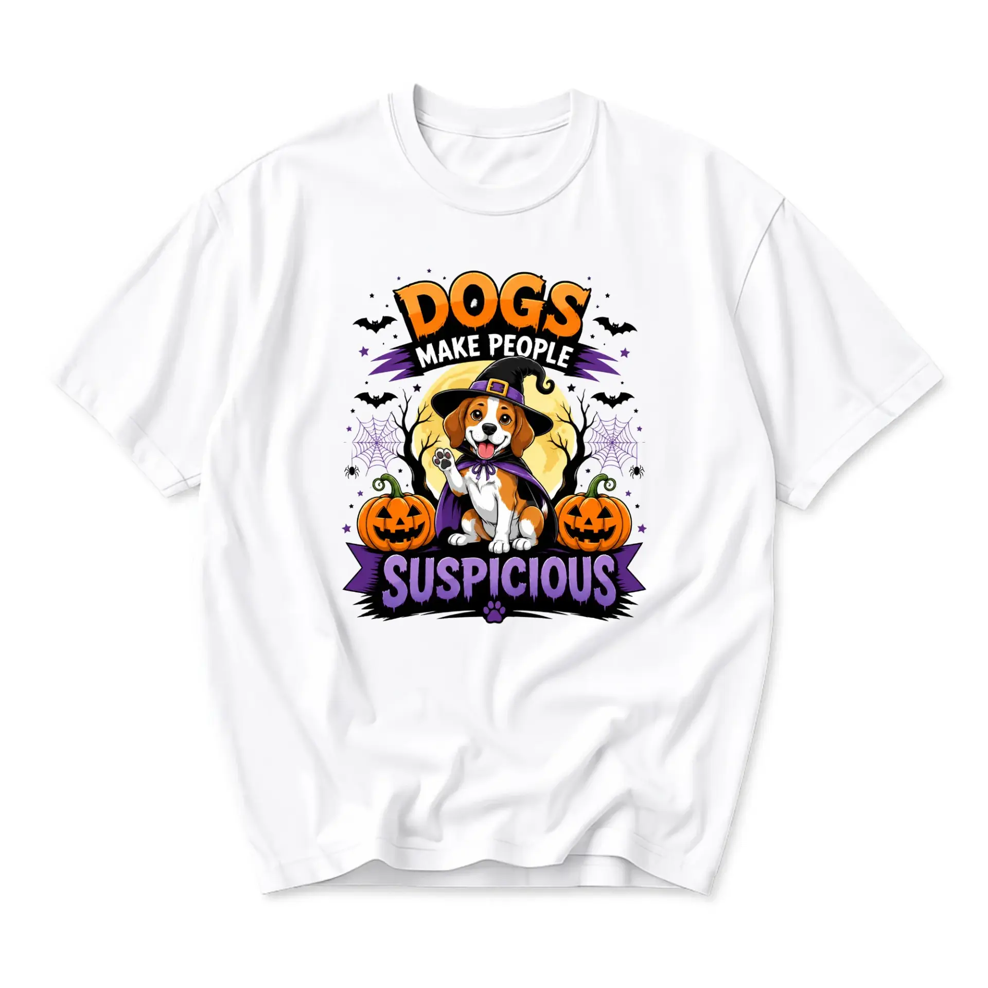 Funny Shirt Dogs Make People Suspicious Graphic Tee Halloween Witch Beagle Puppy Design Unisex Crew Neck Apparel