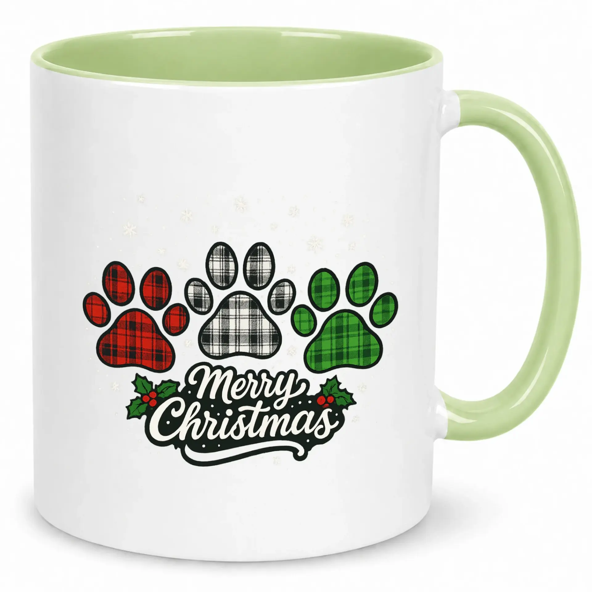Christmas Coffee Mug with Plaid Paw Prints Design, Festive Holiday Ceramic Drinkware for Pet Lovers, 11oz or 15oz Green Handle