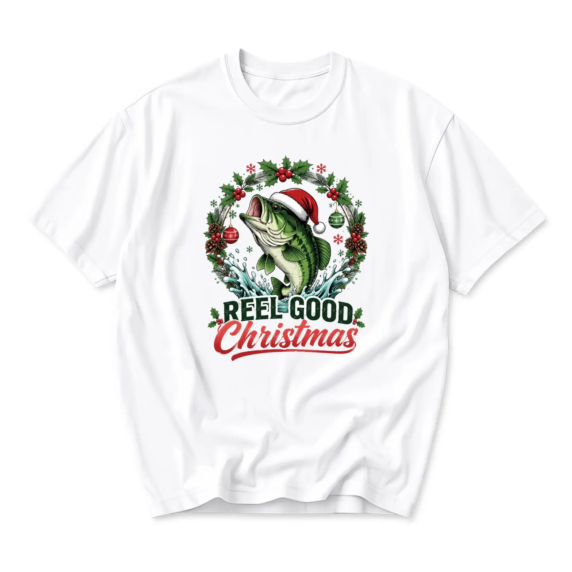T-shirt Reel Good Christmas Fish Graphic Tee Holiday Fishing Themed Unisex Crew Neck Everyday Casual Apparel