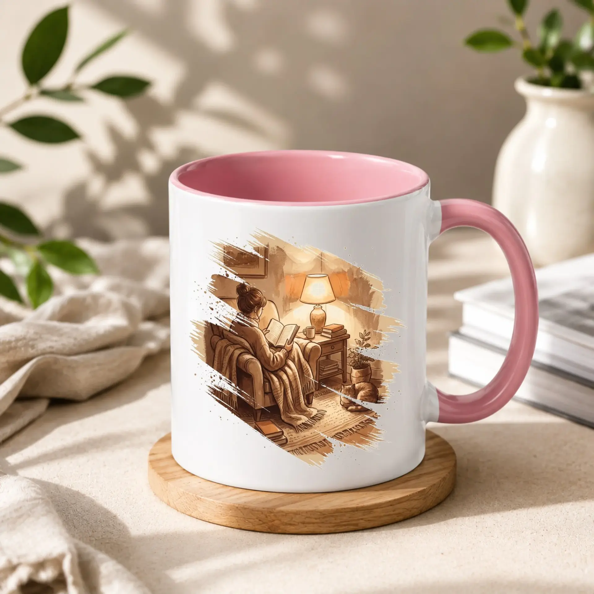 Reading Illustration Coffee Mug Featuring a Person in a Chair with a Cat Comfortable Room Setting