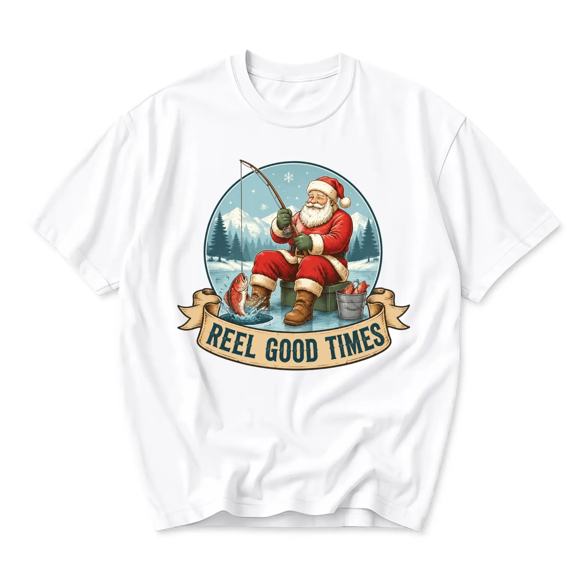 Graphic Tee Unisex Fishing Santa Shirt Reel Good Times Holiday Apparel Casual Crew Neck Short Sleeve Cotton Top White