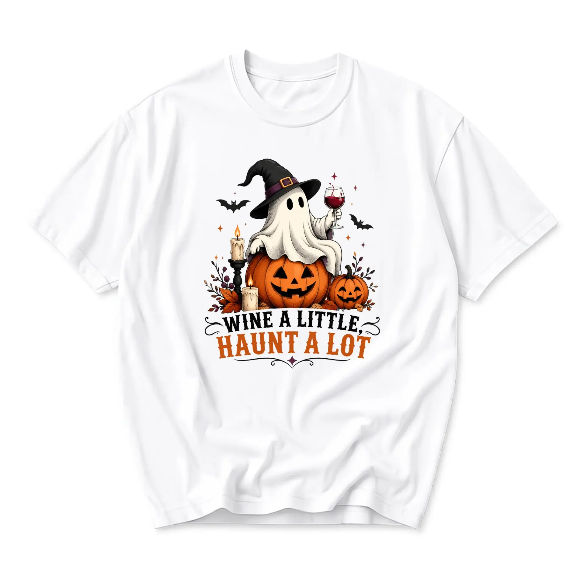 Funny Shirt Wine a Little Haunt a Lot Graphic Tee Unisex Casual Crew Neck T-Shirt for Seasonal Holiday Wear