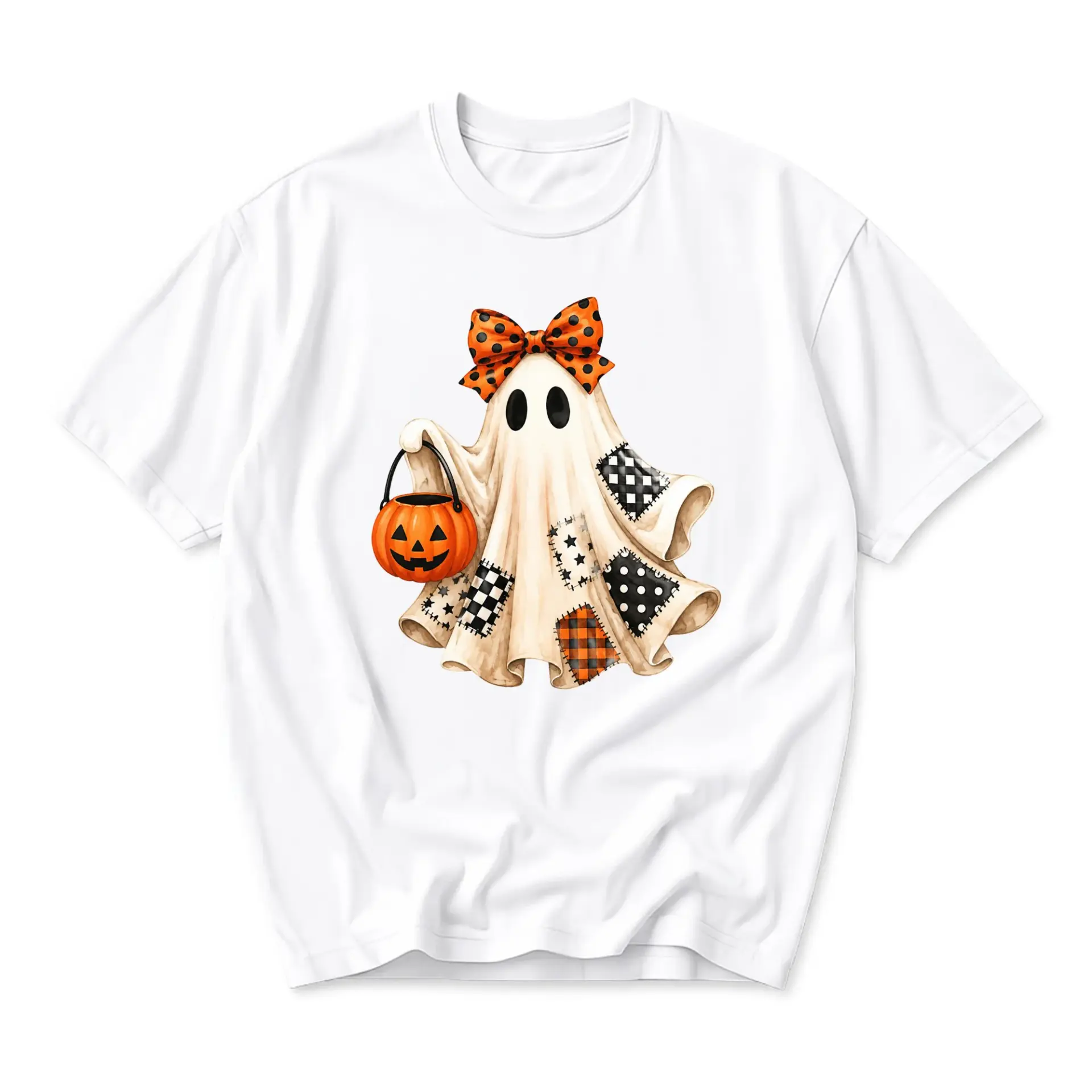 Graphic Tee Cute Ghost Wearing Polka Dot Bow Holding Pumpkin Candy Bucket Fall Season Unisex Crew Neck T-Shirt