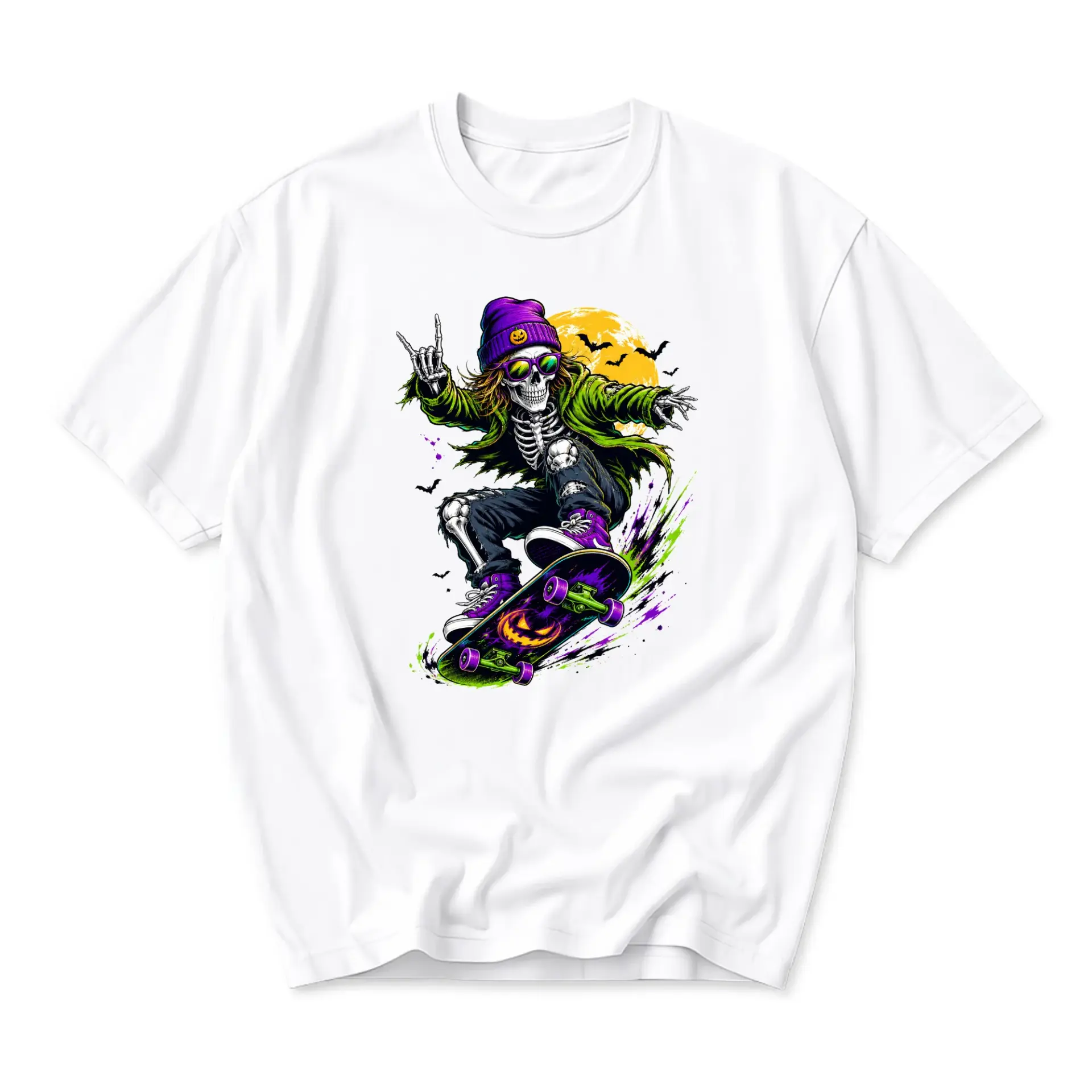 Graphic Tee Unisex T-Shirt Featuring a Skeleton Skater with Halloween Pumpkin Theme Design for Casual Everyday Wear