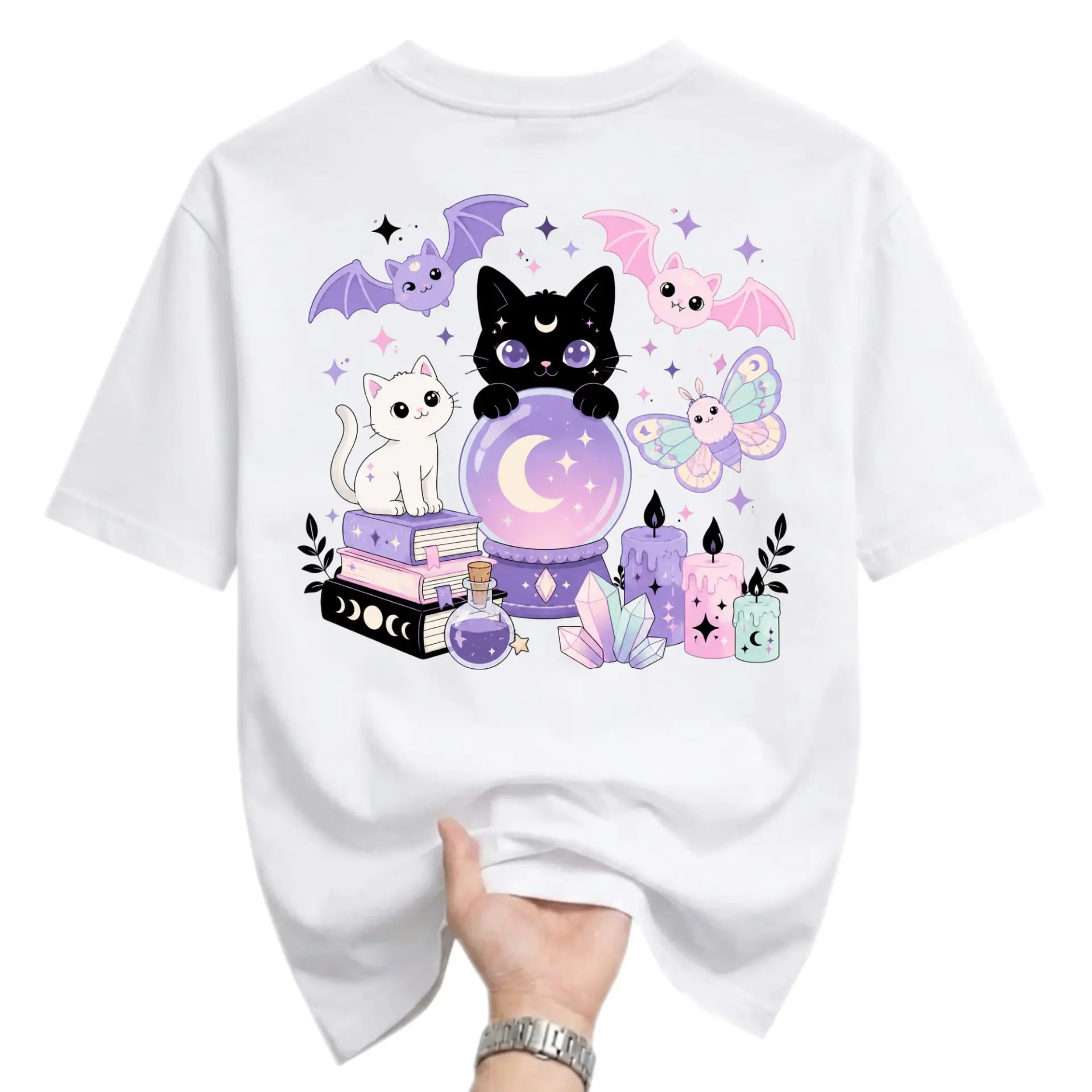 Graphic Tee Celestial Cat Crystal Ball Shirt Mystical Aesthetic Printed Top for Casual Everyday Comfort and Style