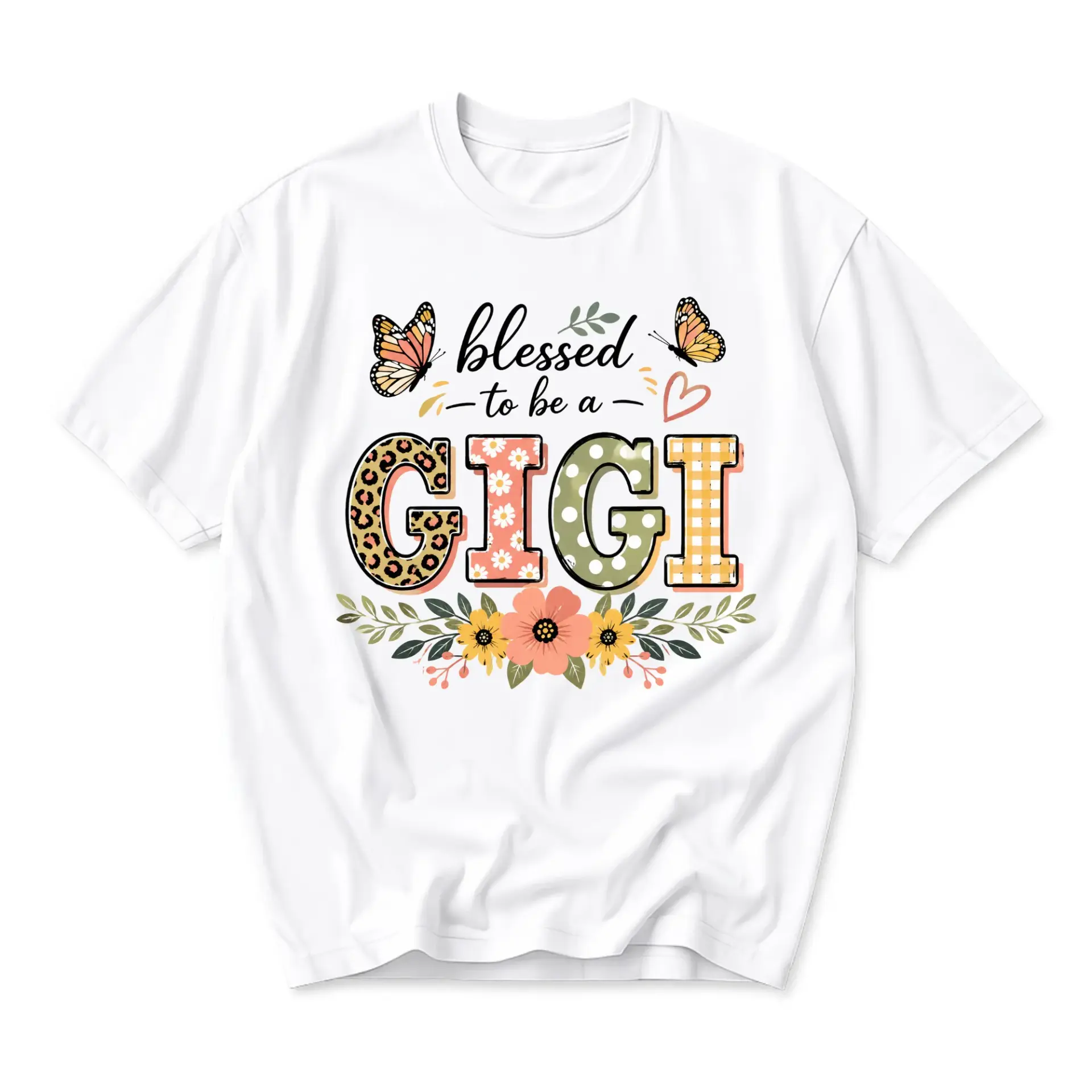 T-shirt Blessed to Be a Gigi Graphic Tee Floral Butterfly Print Unisex Casual Cotton Crew Neck