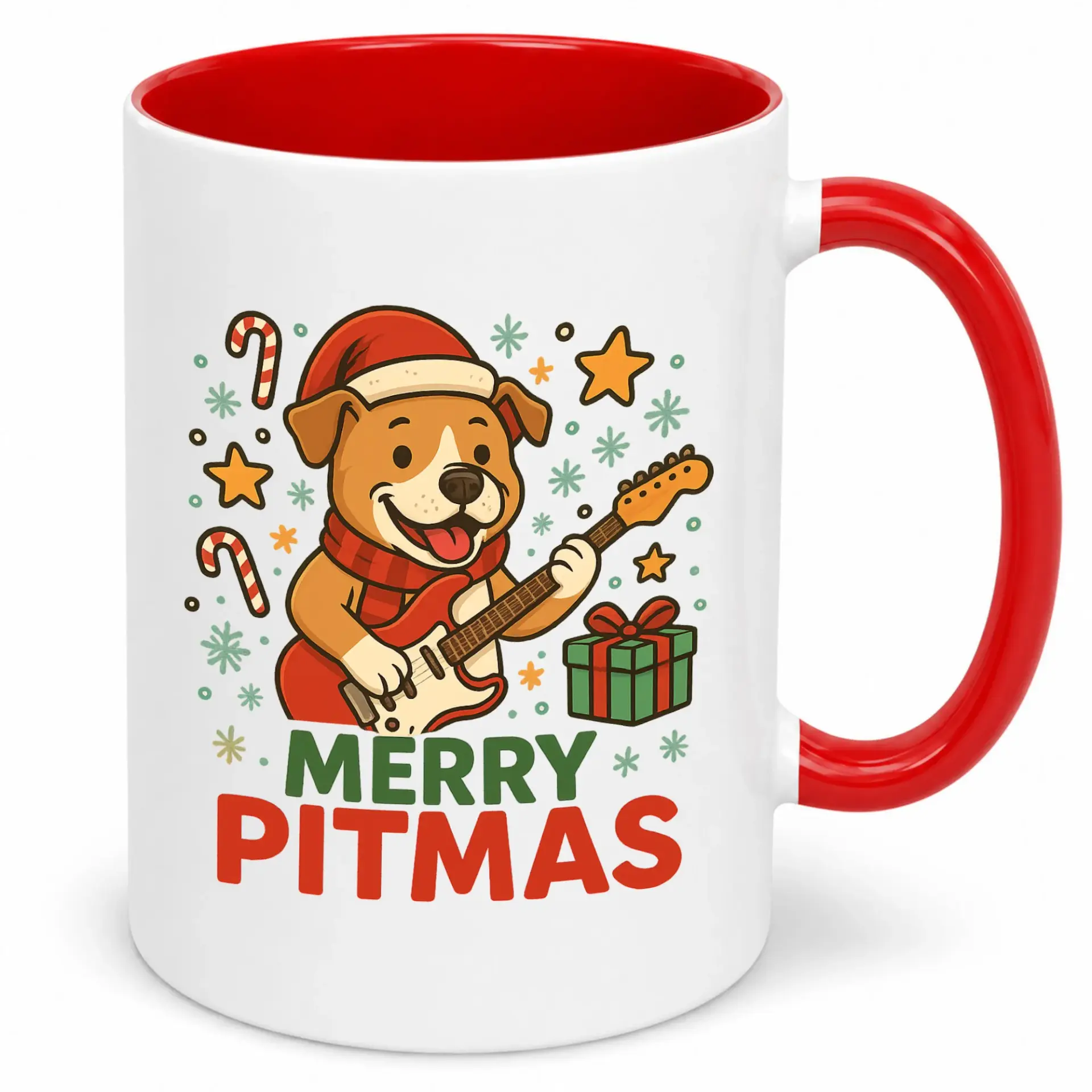 Funny Christmas Dog Coffee Mug with Guitar Design, Merry Pitmas Themed Ceramic Drinkware for Holiday Season, Unique Gift for Pet Owners