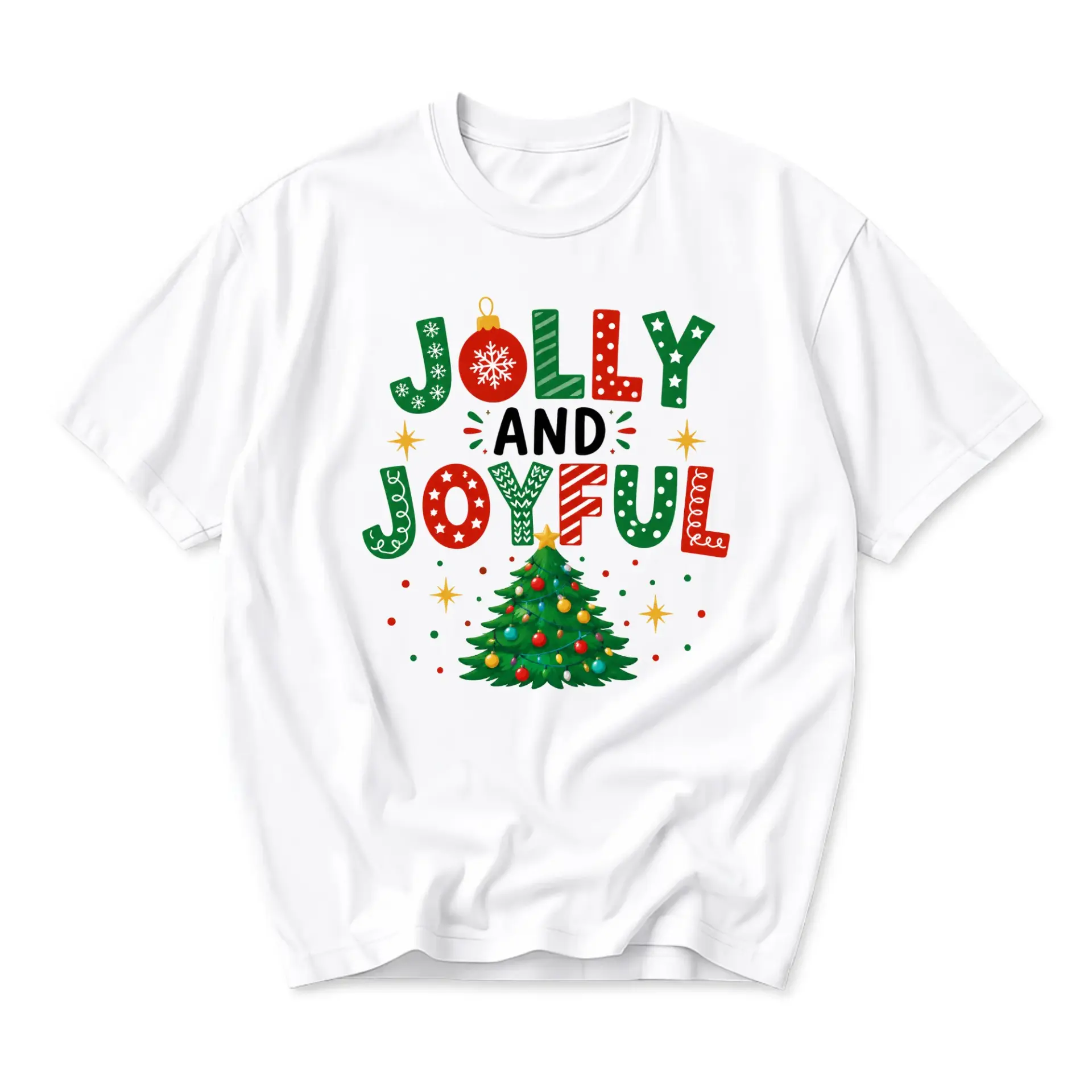 T-shirt Jolly and Joyful Christmas Graphic Tee Holiday Season Casual Crew Neck Soft Cotton Blend Unisex Top White