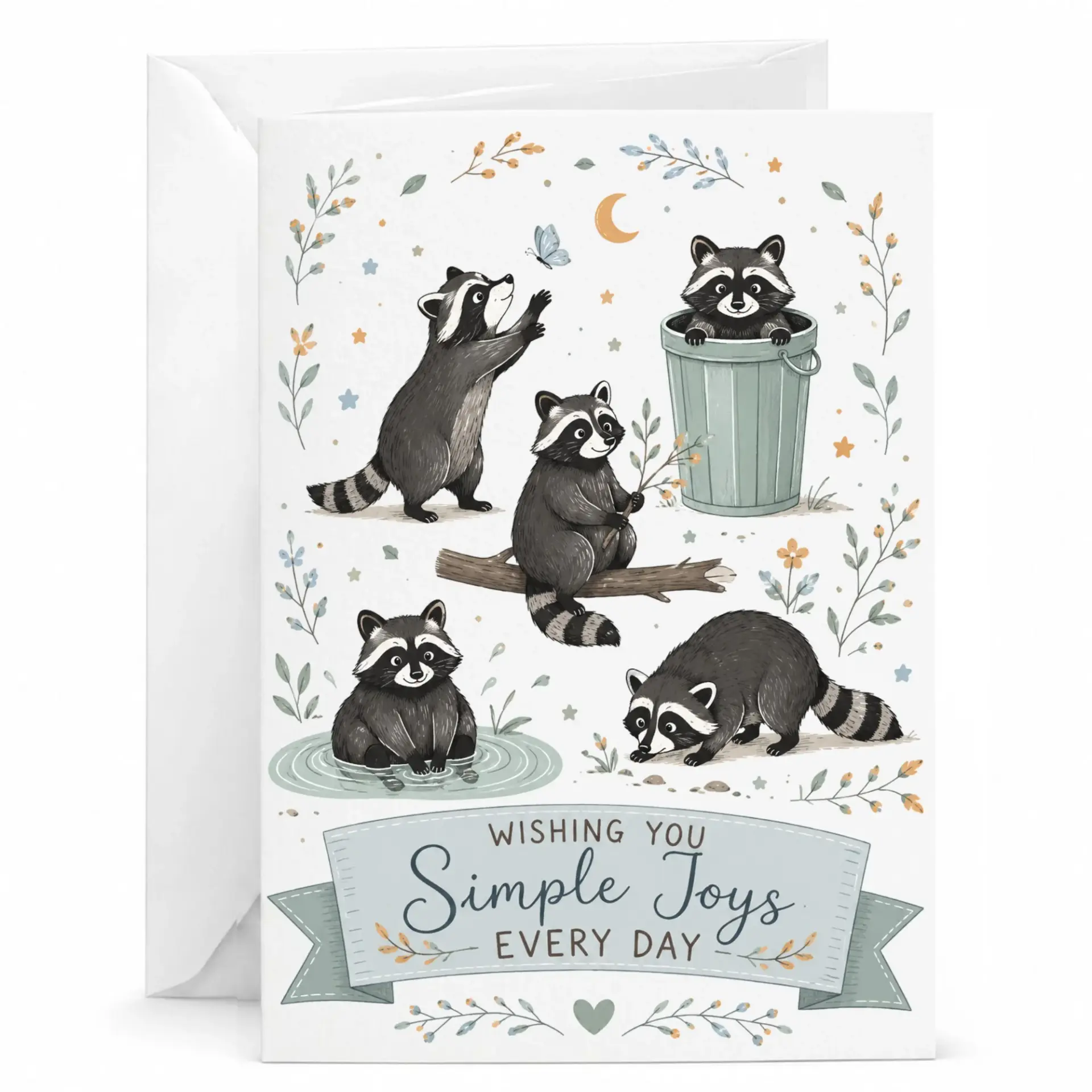 Greeting Card with Raccoons Design Wishing You Simple Floral Illustration Stationery