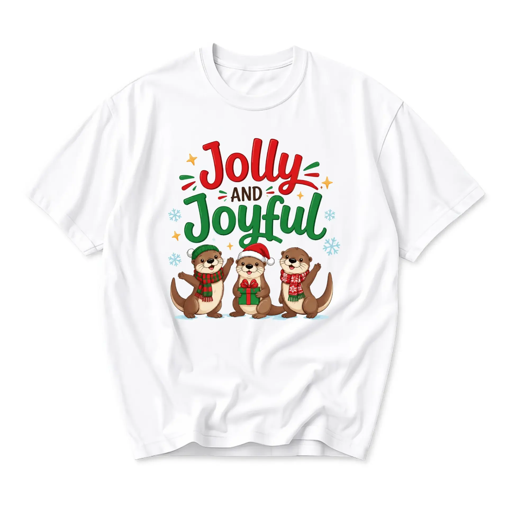 Graphic Tee Jolly and Joyful Cute Otters Holiday Shirt Unisex Casual Crew Neck Soft Cotton Blend Everyday Apparel