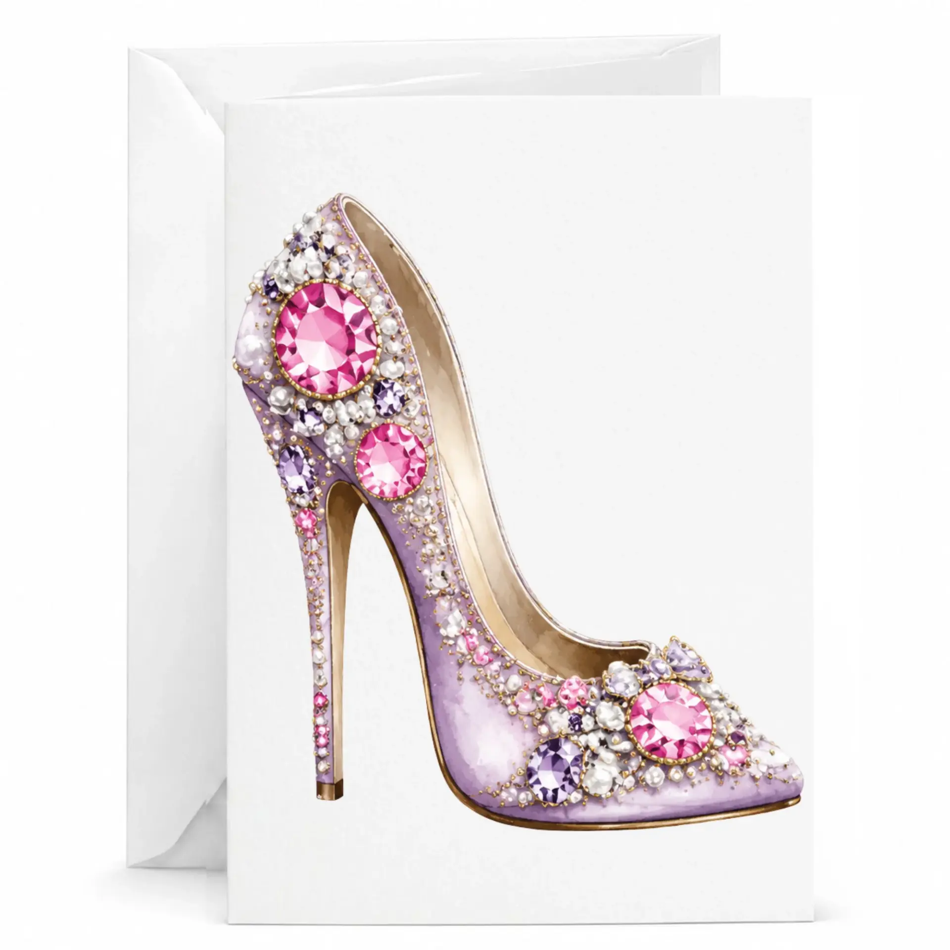 Greeting Card with Jeweled Stiletto High Heel Design, Elegant Fashion Illustration Note Card for Special Occasions