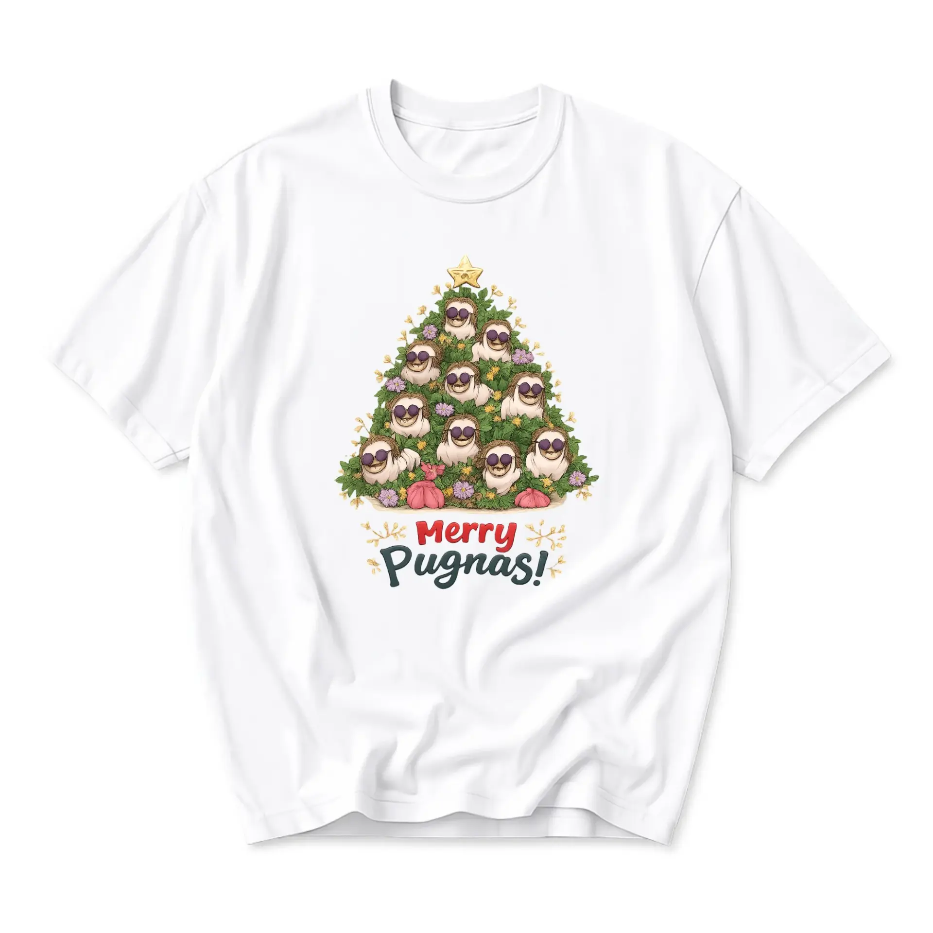 Funny Shirt Merry Pugnas Graphic Tee Holiday Tree Design with Cute Wearing