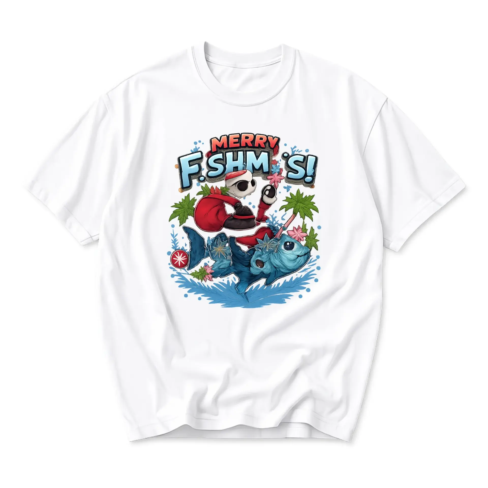 Funny Shirt Tropical Holiday Graphic Tee Merry Fishmas Unisex Crew Neck