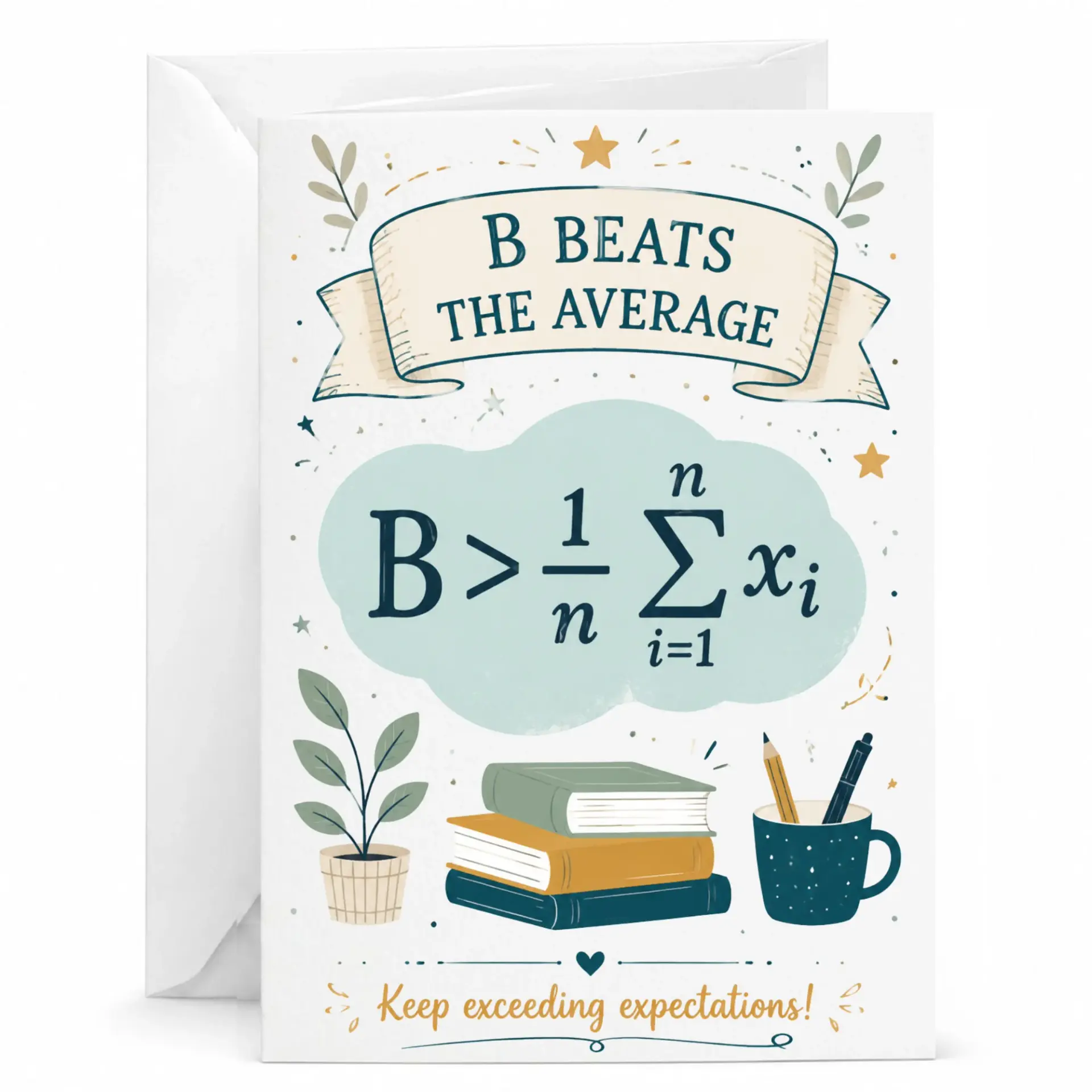 Funny Greeting Card B Beats the Average Math Pun Design for Encouragement and Congratulations with White Envelope