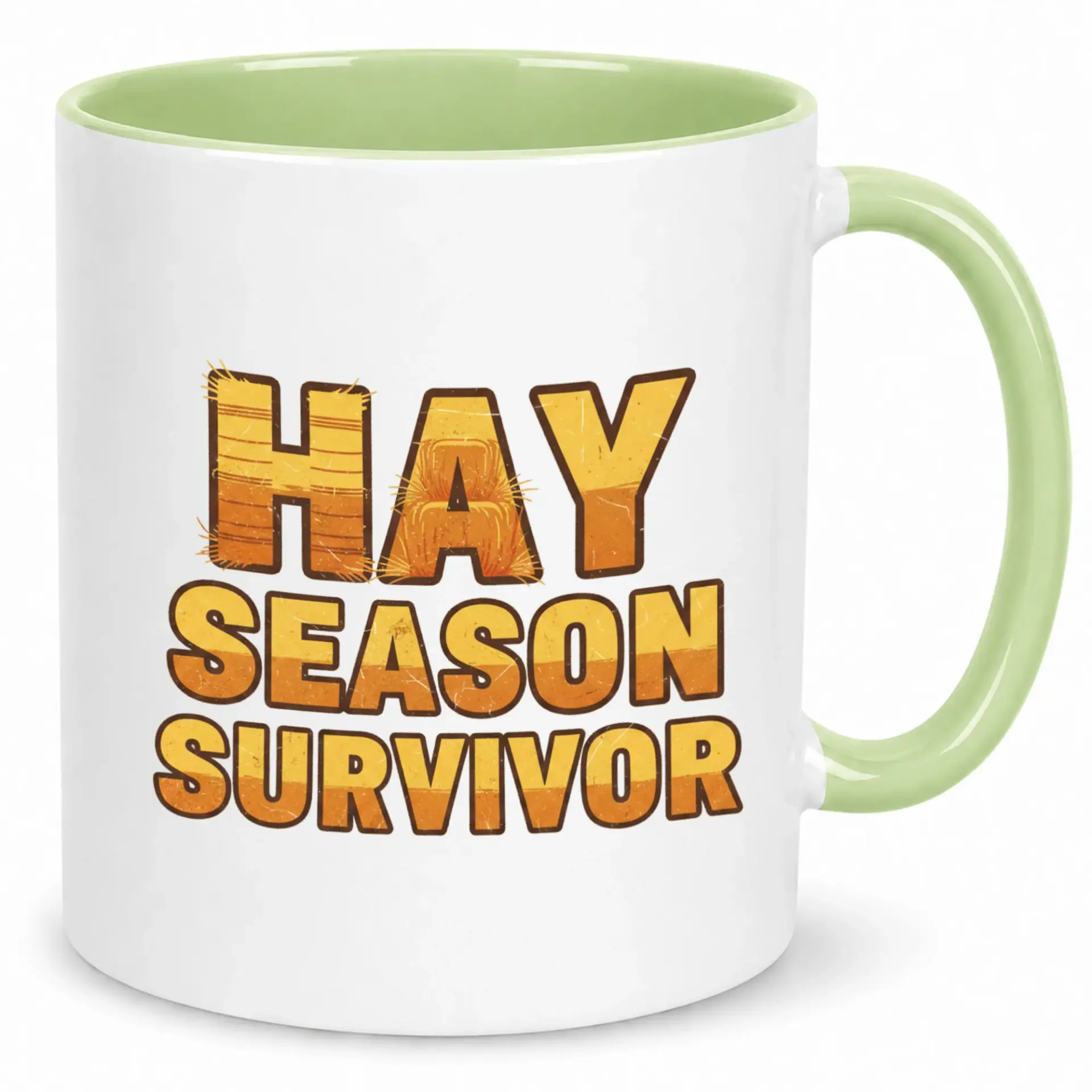 Funny Hay Season Survivor Coffee Mug with Green Handle and Interior Unique Farming Allergy Humor Ceramic Tea Cup Gift