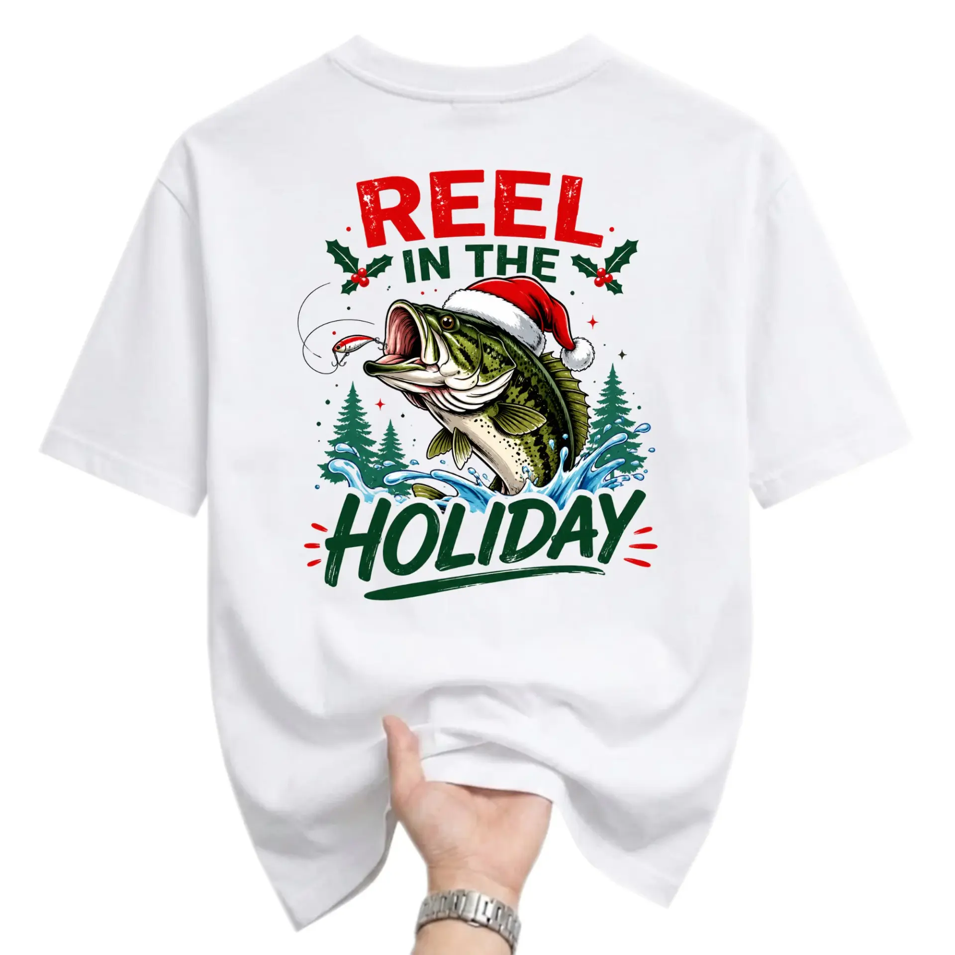 Funny Shirt Reel in the Holiday Fishing Graphic Tee Unisex Short Sleeve Crew Neck Casual Cotton Blend Apparel White