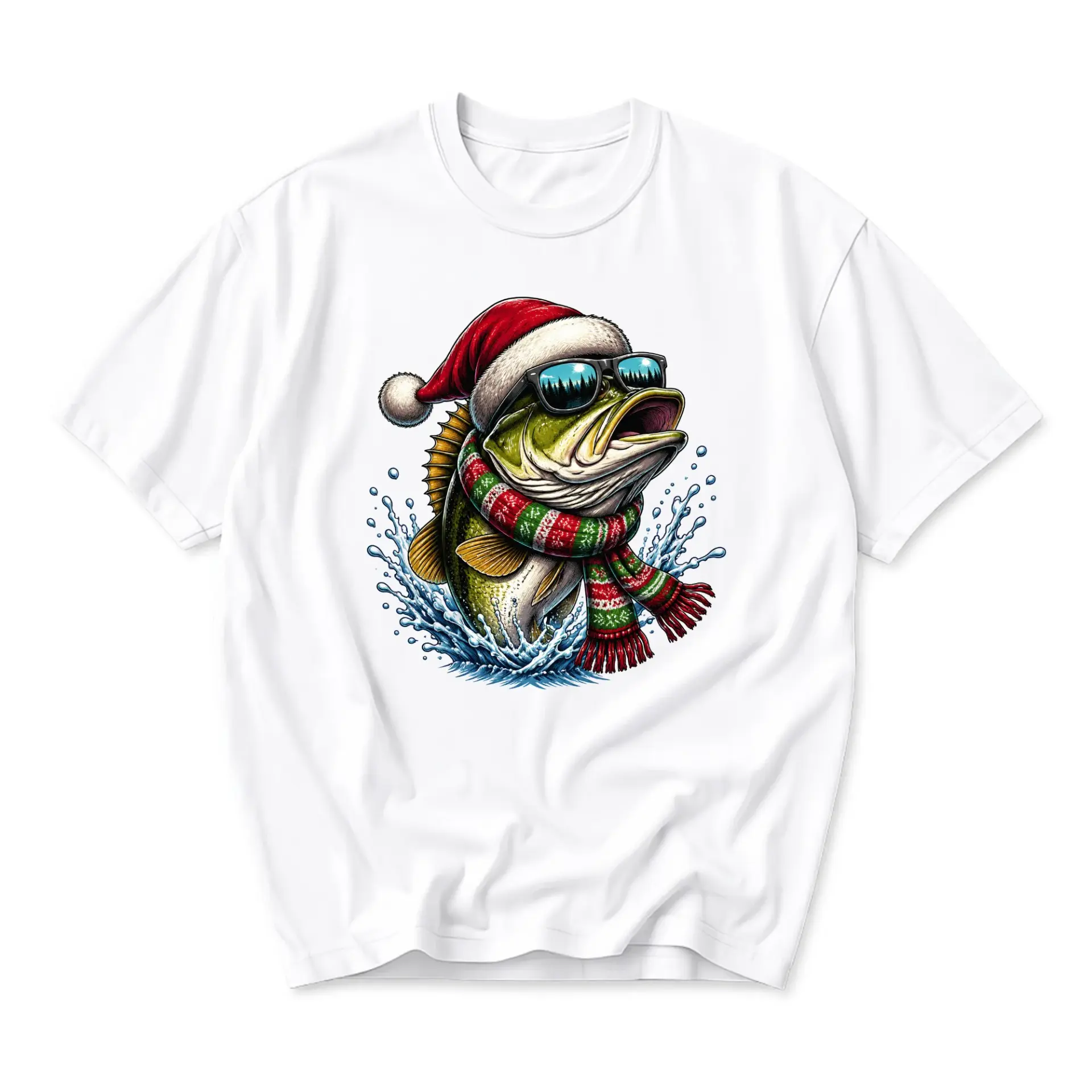 Funny Shirt Christmas Fishing Graphic Tee for Men and Women Cool Fish Wearing Santa Hat Holiday Scarf