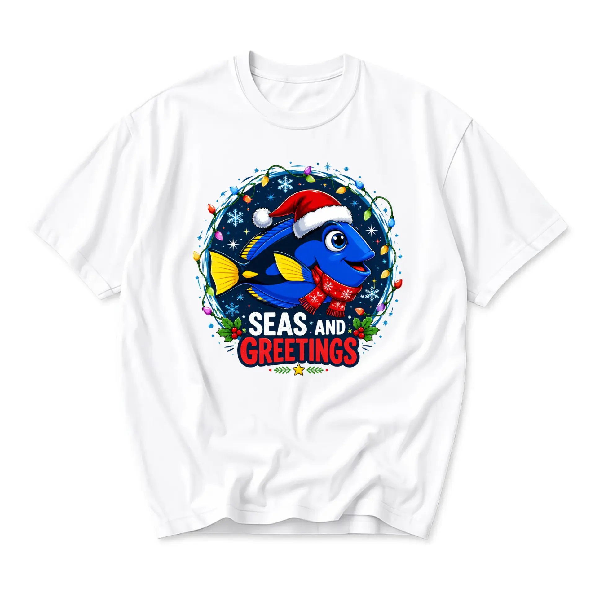 Funny Shirt Seas and Greetings Blue Fish Christmas Graphic Tee Holiday Season Winter Apparel Unisex Casual T-Shirt
