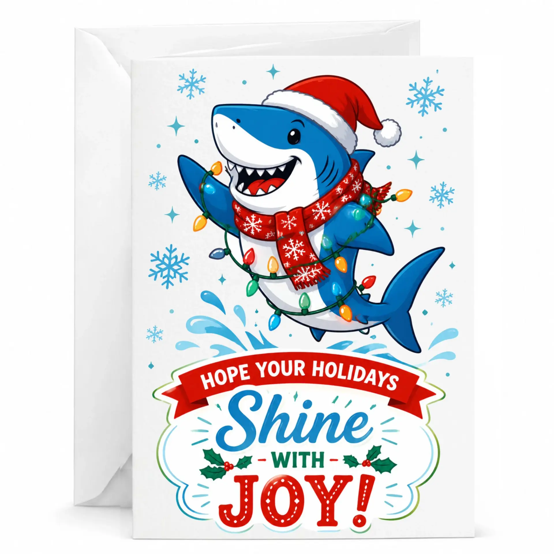 Funny Holiday Shark Greeting Card Festive Christmas Sea Creature Note for Friends and Family 5x7 Inch Folded