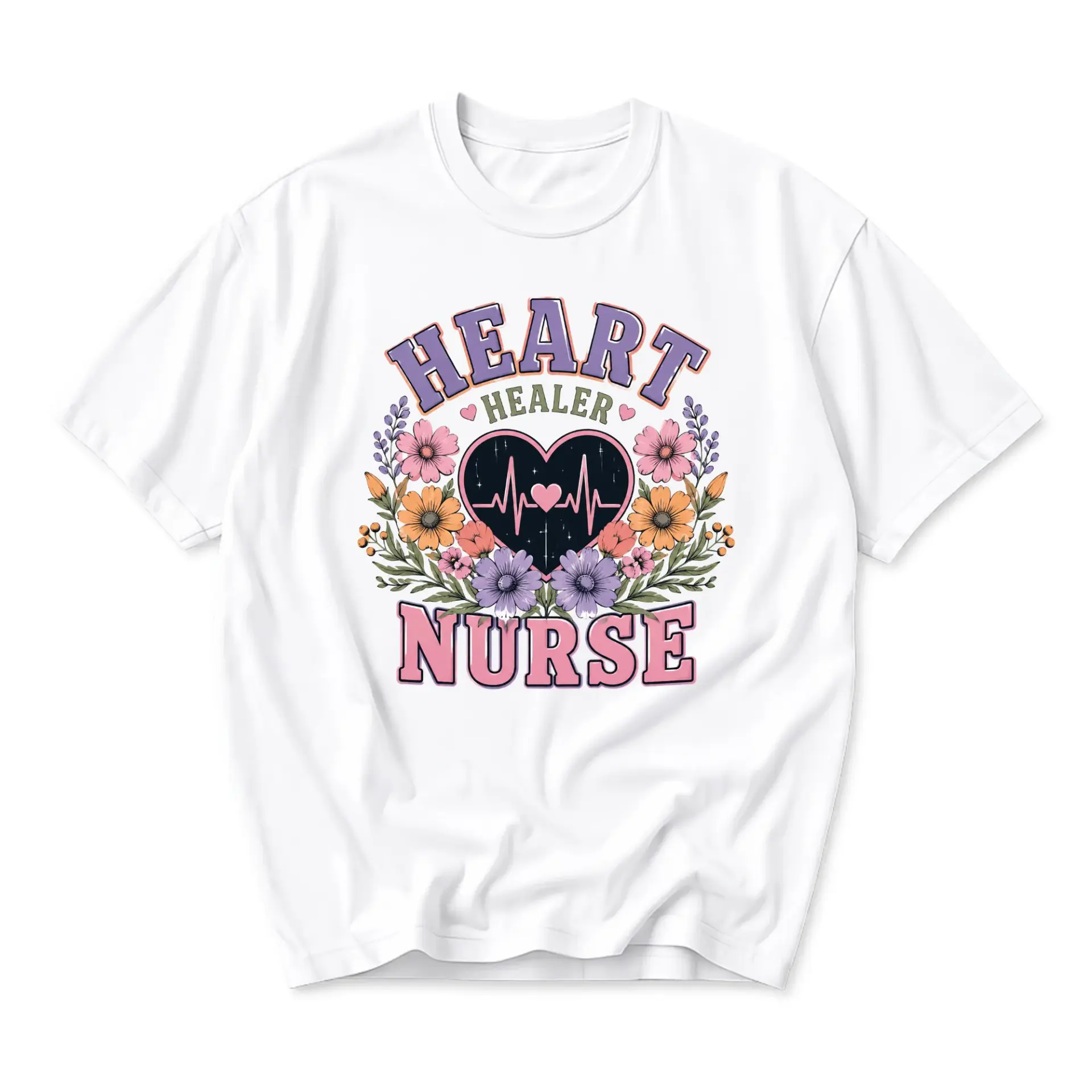 Graphic Tee Heart Healer Nurse Floral Print Unisex Crew Neck Casual Everyday Short Sleeve Cotton Blend Shirt Top