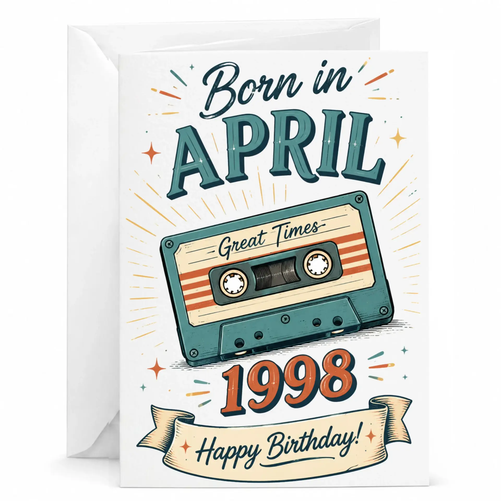 Birthday Card Born in April 1998 Vintage Cassette Tape Greeting Card with Envelope for Milestone Birthdays