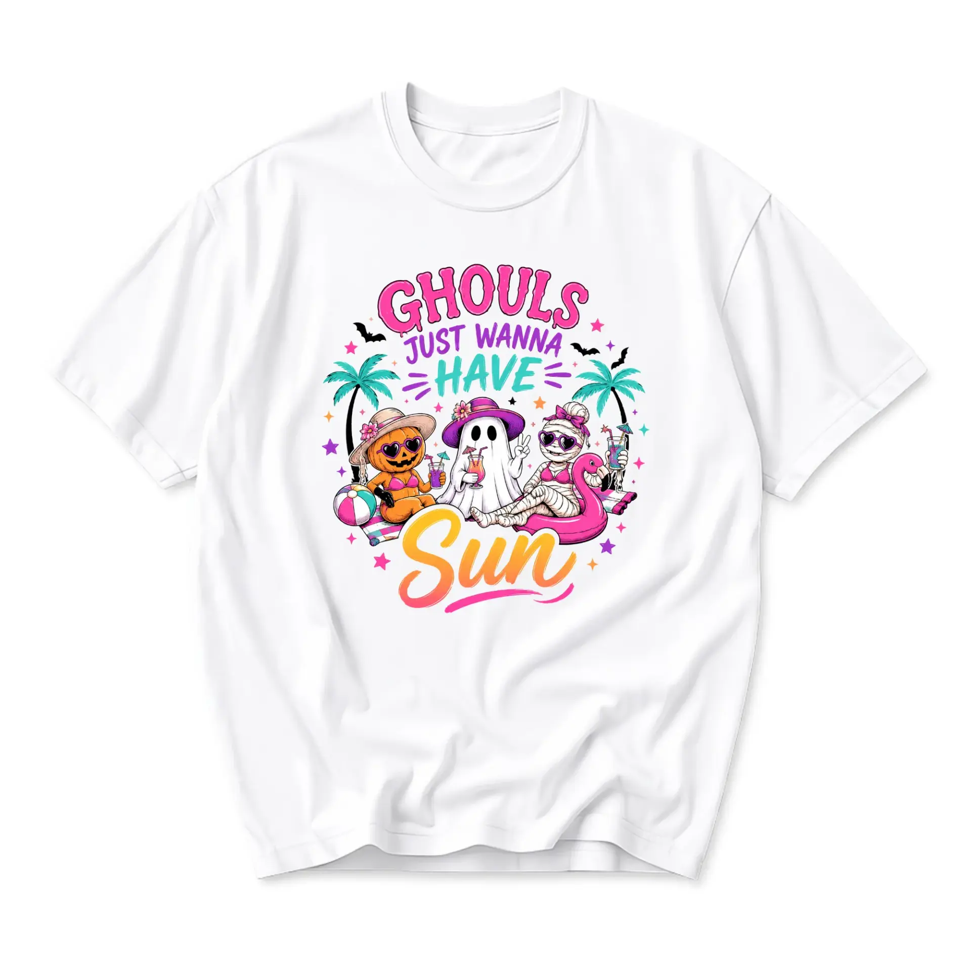 Graphic Tee Unisex Crew Neck Summer Holiday Shirt Featuring Cute Halloween Characters Relaxing at the Tropical Beach