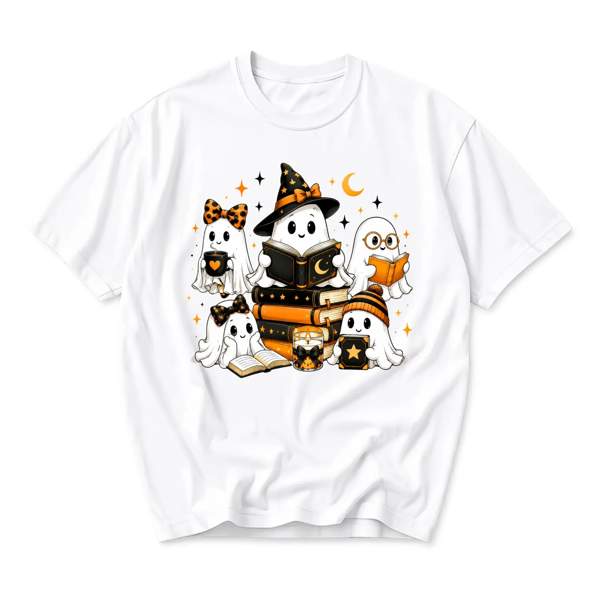 Graphic Tee Cute Spooky Ghost Reading Book Design Unisex Crew Neck Short Sleeve Shirt for Casual Fall Season Wear